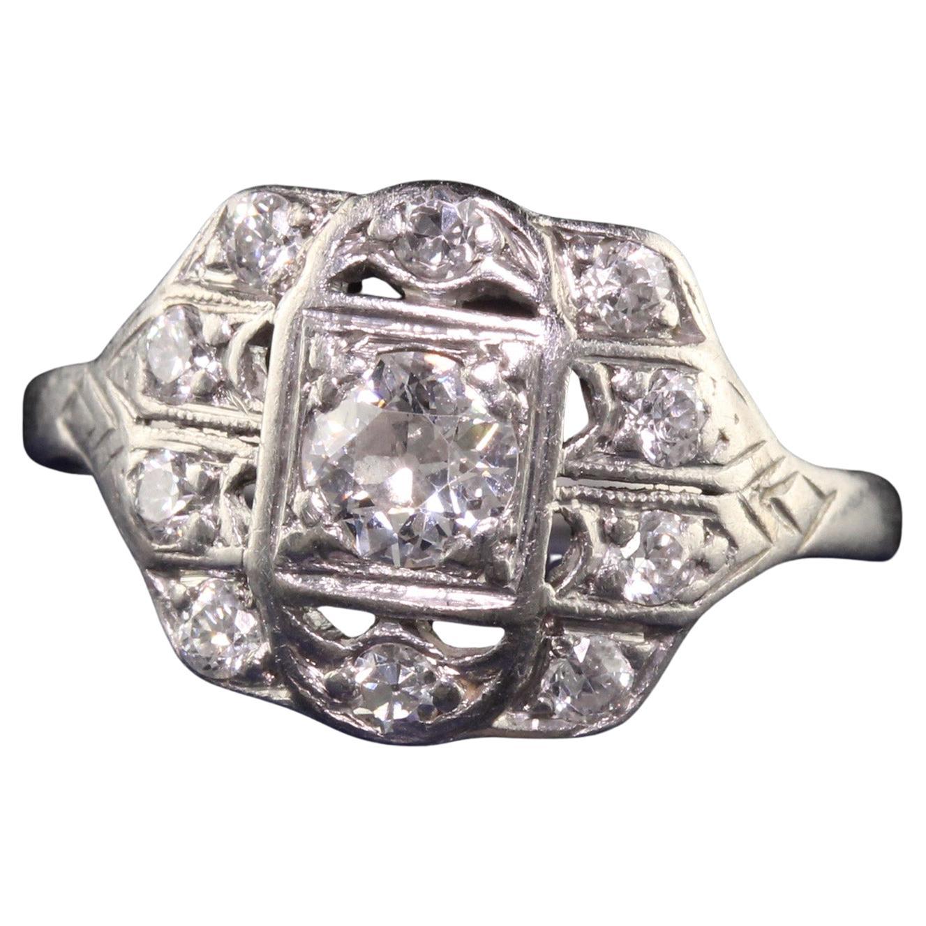 Art Deco Old European Cut Diamond Hand Engraved Platinum Engagement ...