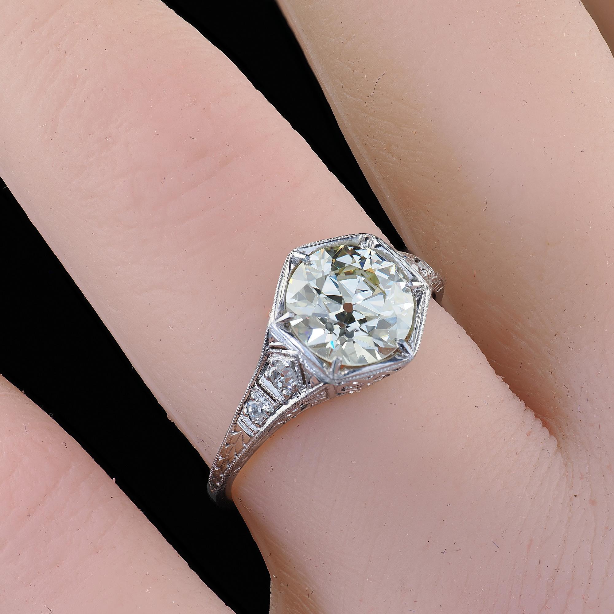 Antique Art Deco Platinum Old European Cut Diamond Engagement Ring - GIA For Sale 6