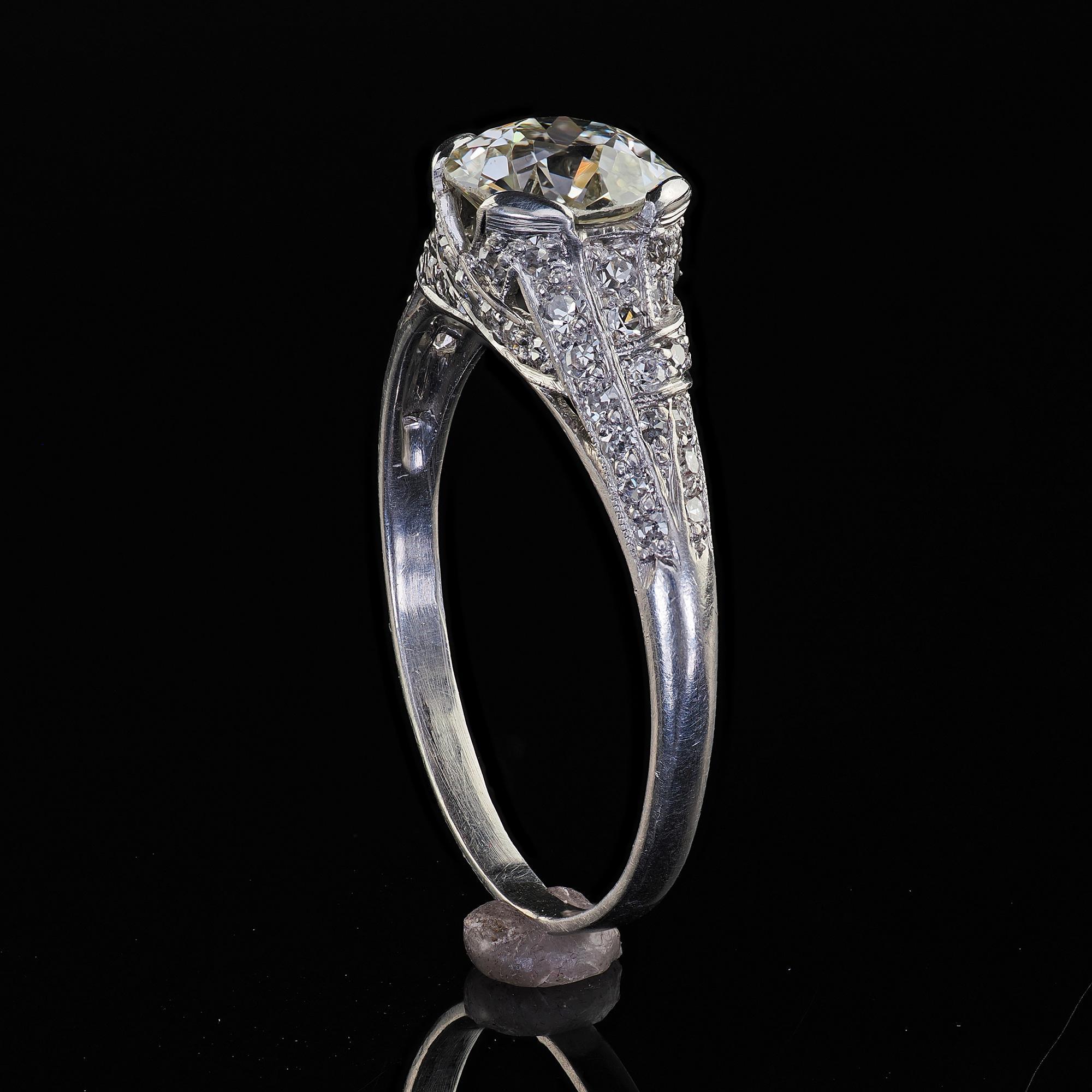 Antique Art Deco Platinum Old European Cut Diamond Engagement Ring - GIA For Sale 6