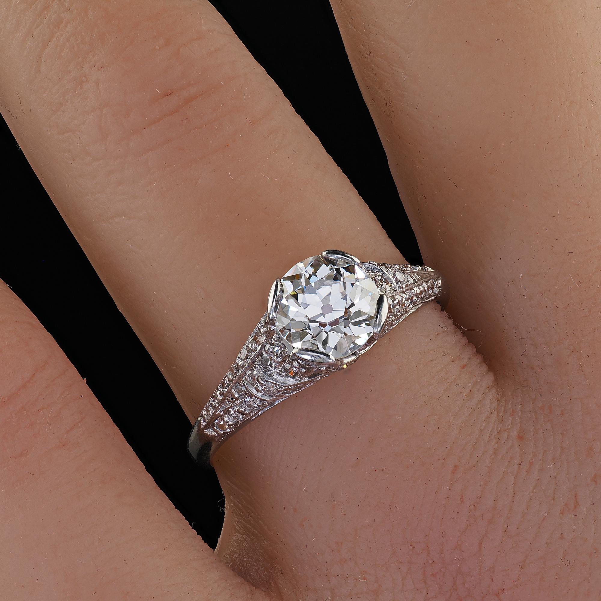 Antique Art Deco Platinum Old European Cut Diamond Engagement Ring - GIA For Sale 7
