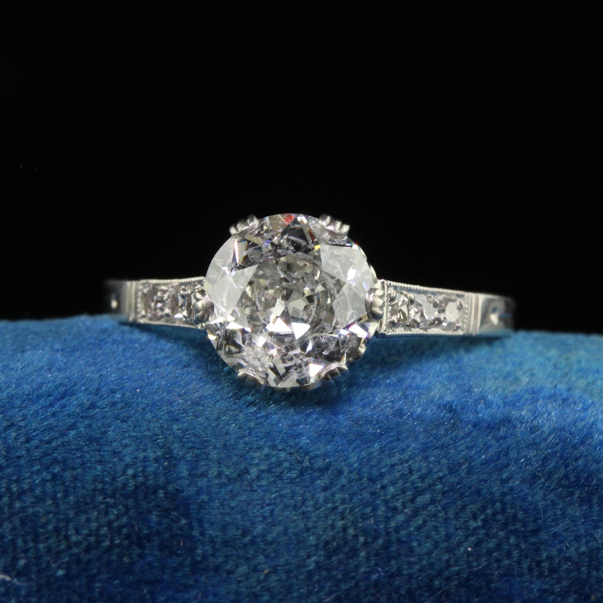 Beautiful Antique Art Deco Platinum Old European Cut Diamond Engagement Ring - GIA. This classic antique engagement ring is crafted in platinum. The center diamond is an old European cut and has a GIA report. The diamond is set in a gorgeous art