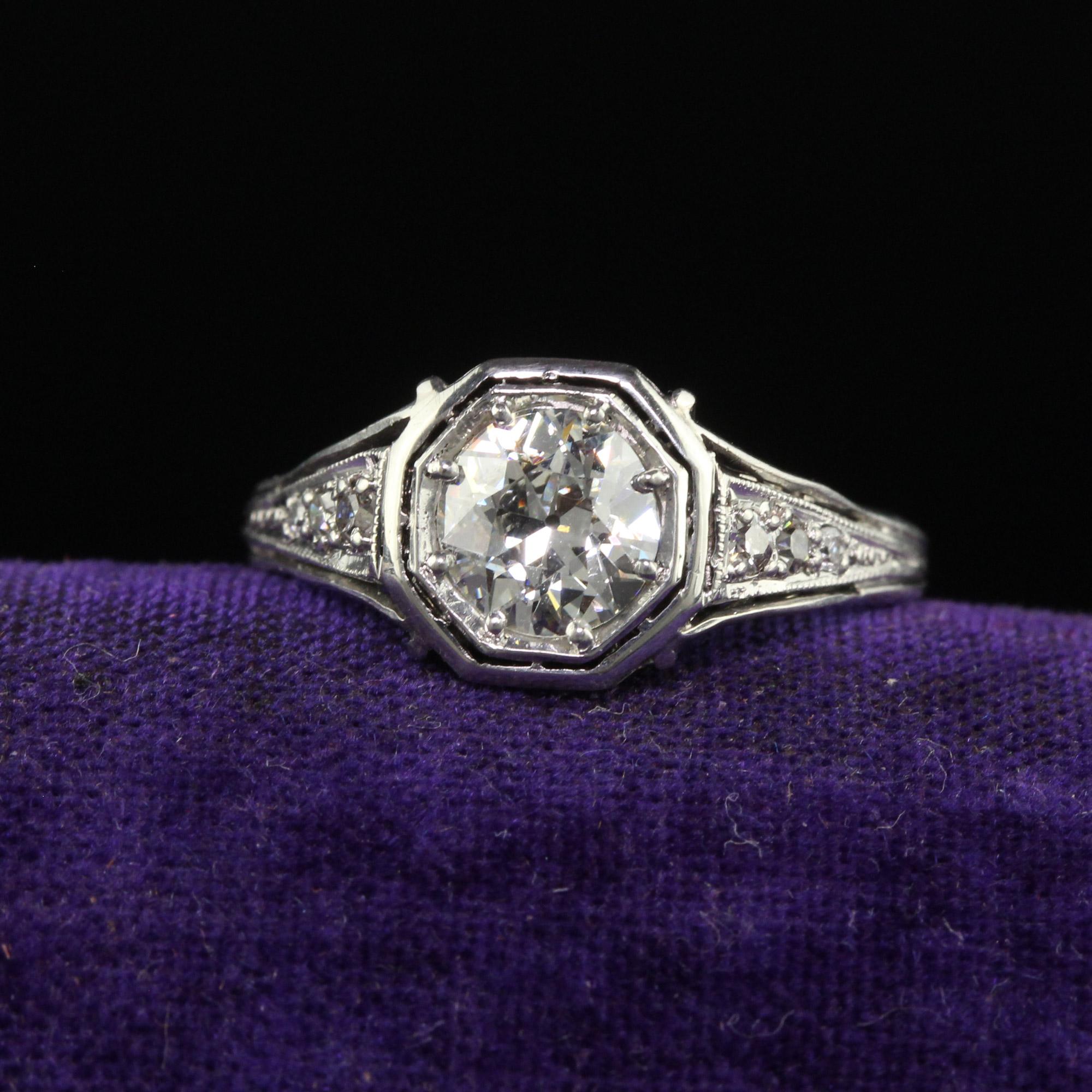 Beautiful Antique Art Deco Platinum Old European Cut Diamond Engagement Ring - GIA. This gorgeous art deco engagement ring is crafted in platinum. The center of this gorgeous ring is an Old European cut diamond that has a GIA report. The mounting is