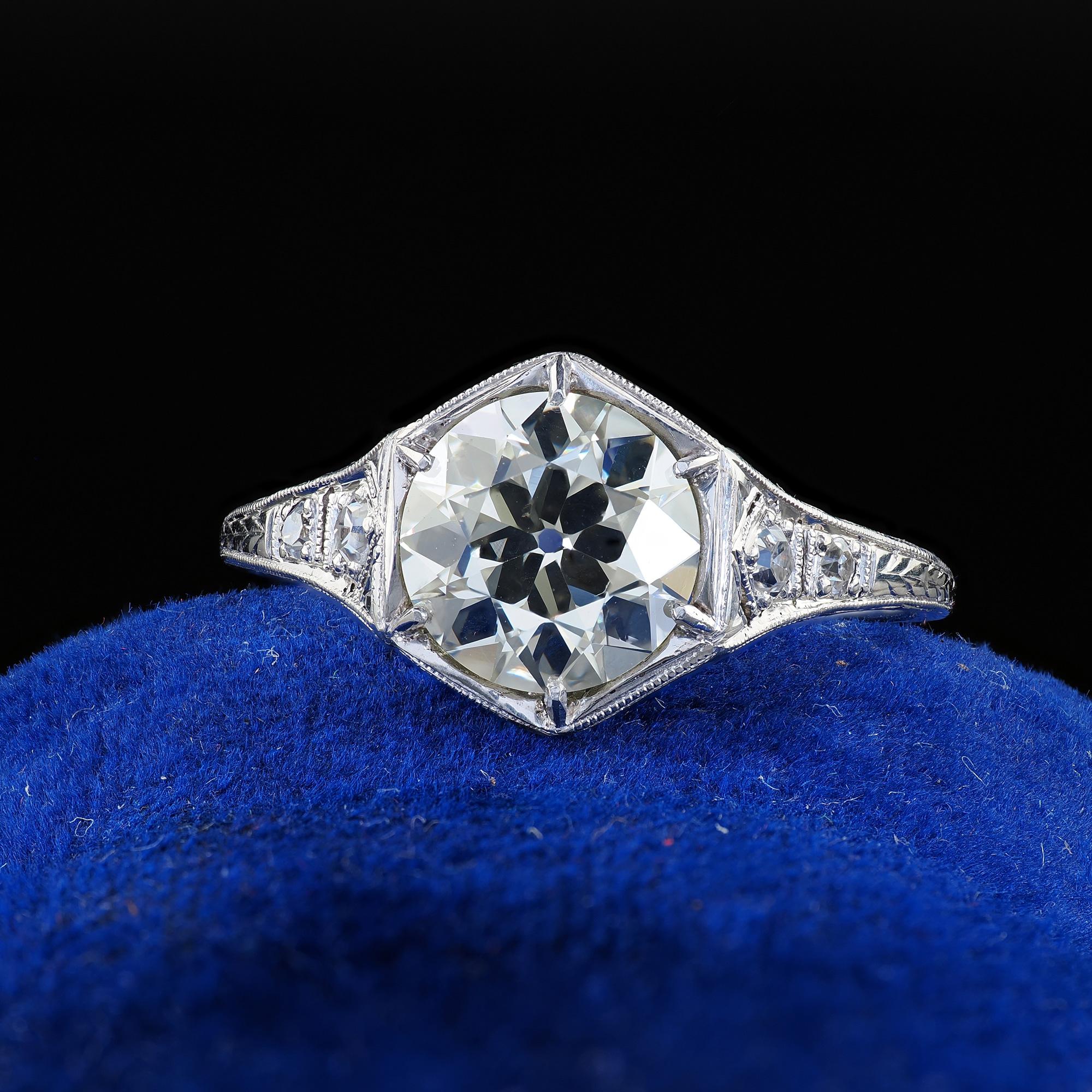 Beautiful Antique Art Deco Platinum Old European Cut Diamond Engagement Ring - GIA. This gorgeous Art Deco old European cut diamond engagement ring is crafted in platinum. The ring features a beautiful old European cut diamond in the center that has