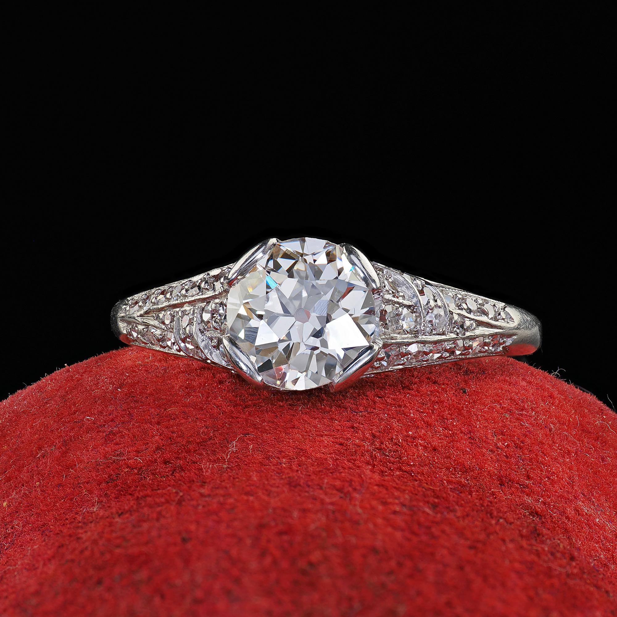 Beautiful Antique Art Deco Platinum Old European Cut Diamond Engagement Ring - GIA. This beautiful Antique Art Deco old European cut diamond engagement ring is crafted in platinum. The ring features a gorgeous old European cut diamond set in a