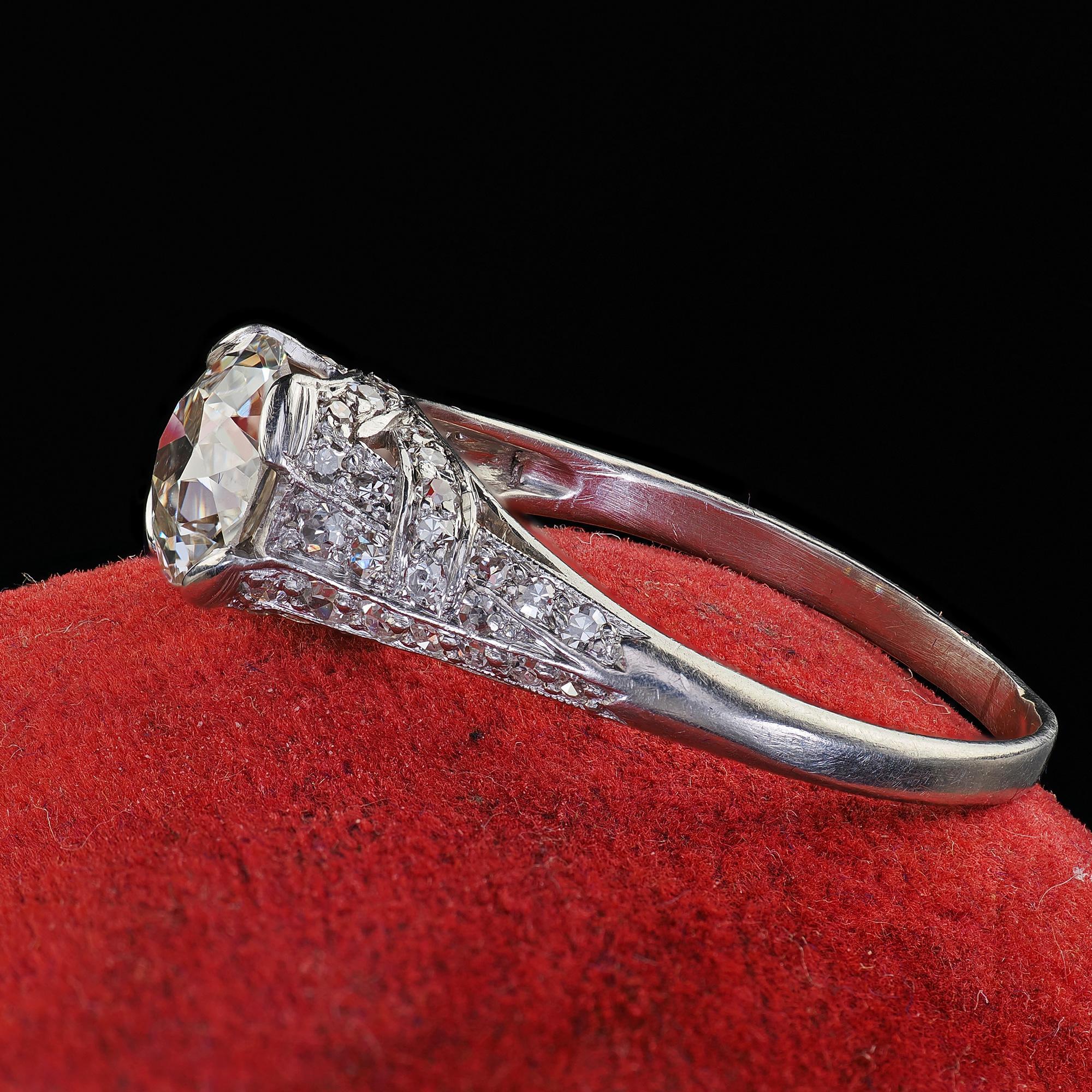 Antique Art Deco Platinum Old European Cut Diamond Engagement Ring - GIA For Sale 1