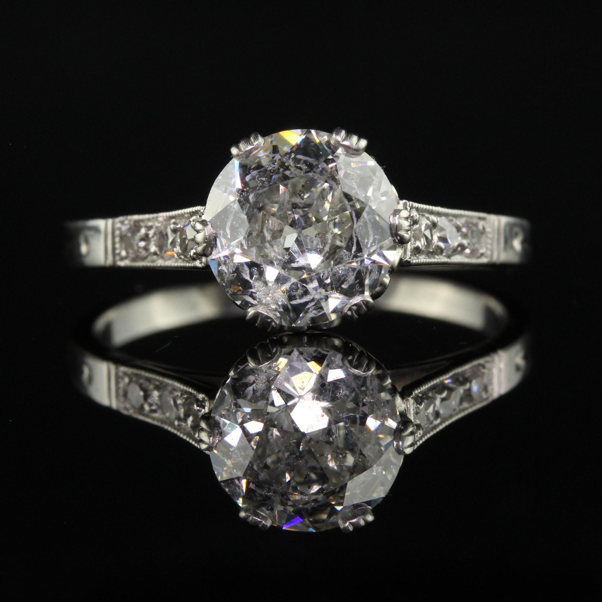 Antique Art Deco Platinum Old European Cut Diamond Engagement Ring - GIA For Sale 2