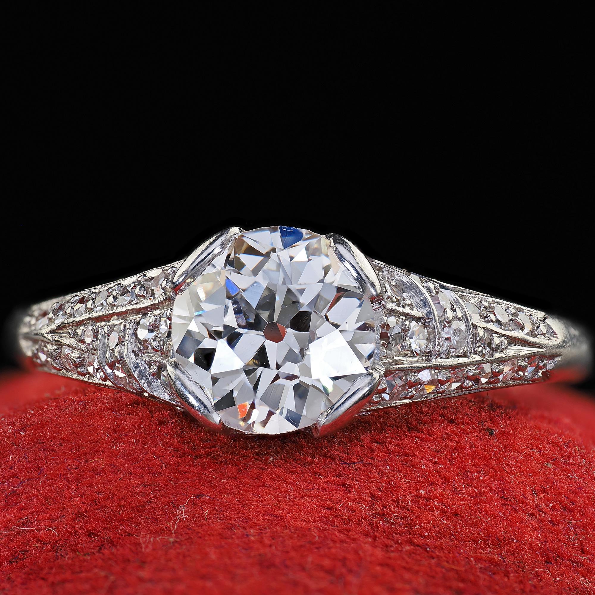 Antique Art Deco Platinum Old European Cut Diamond Engagement Ring - GIA For Sale 2