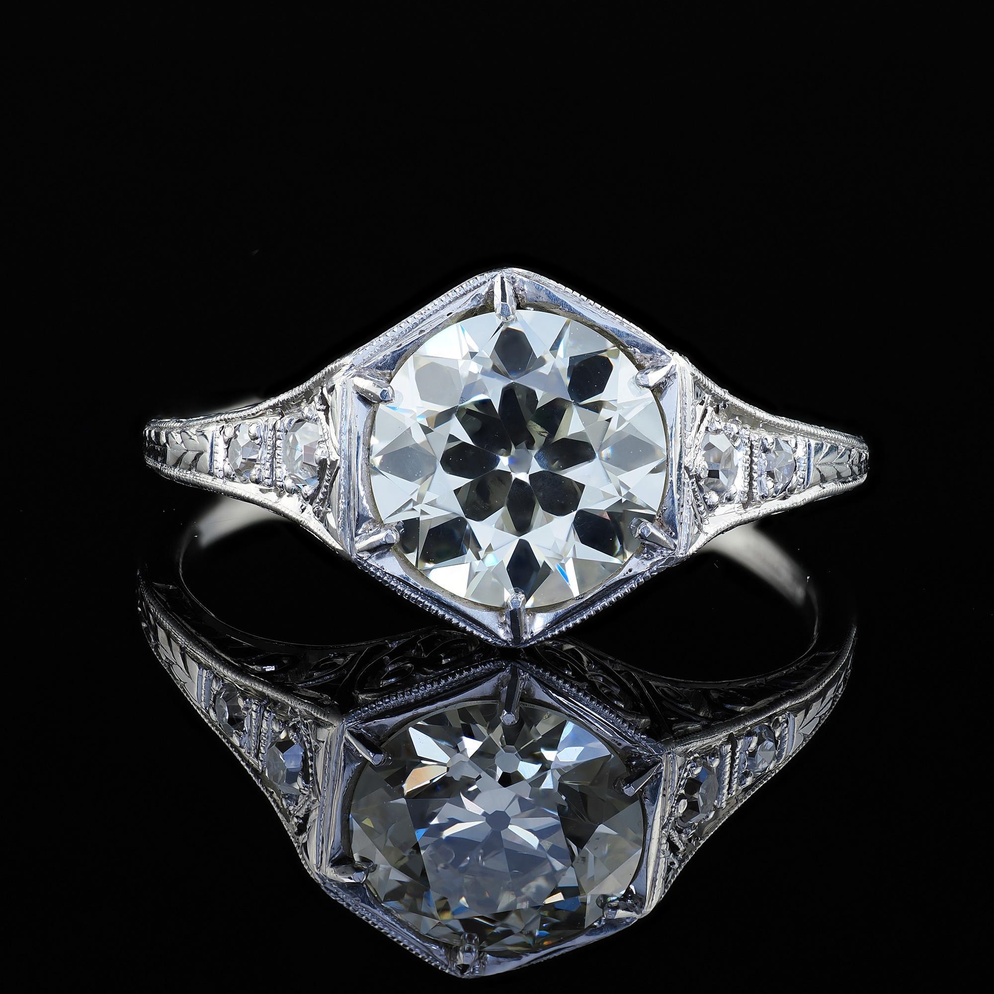 Antique Art Deco Platinum Old European Cut Diamond Engagement Ring - GIA For Sale 3