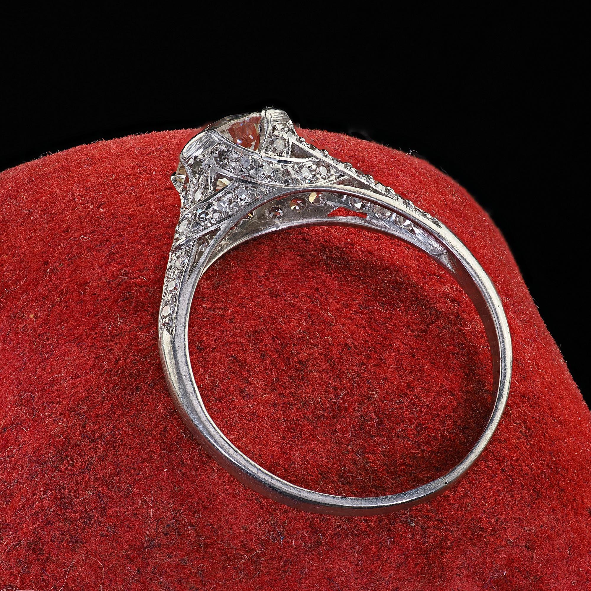 Antique Art Deco Platinum Old European Cut Diamond Engagement Ring - GIA For Sale 3