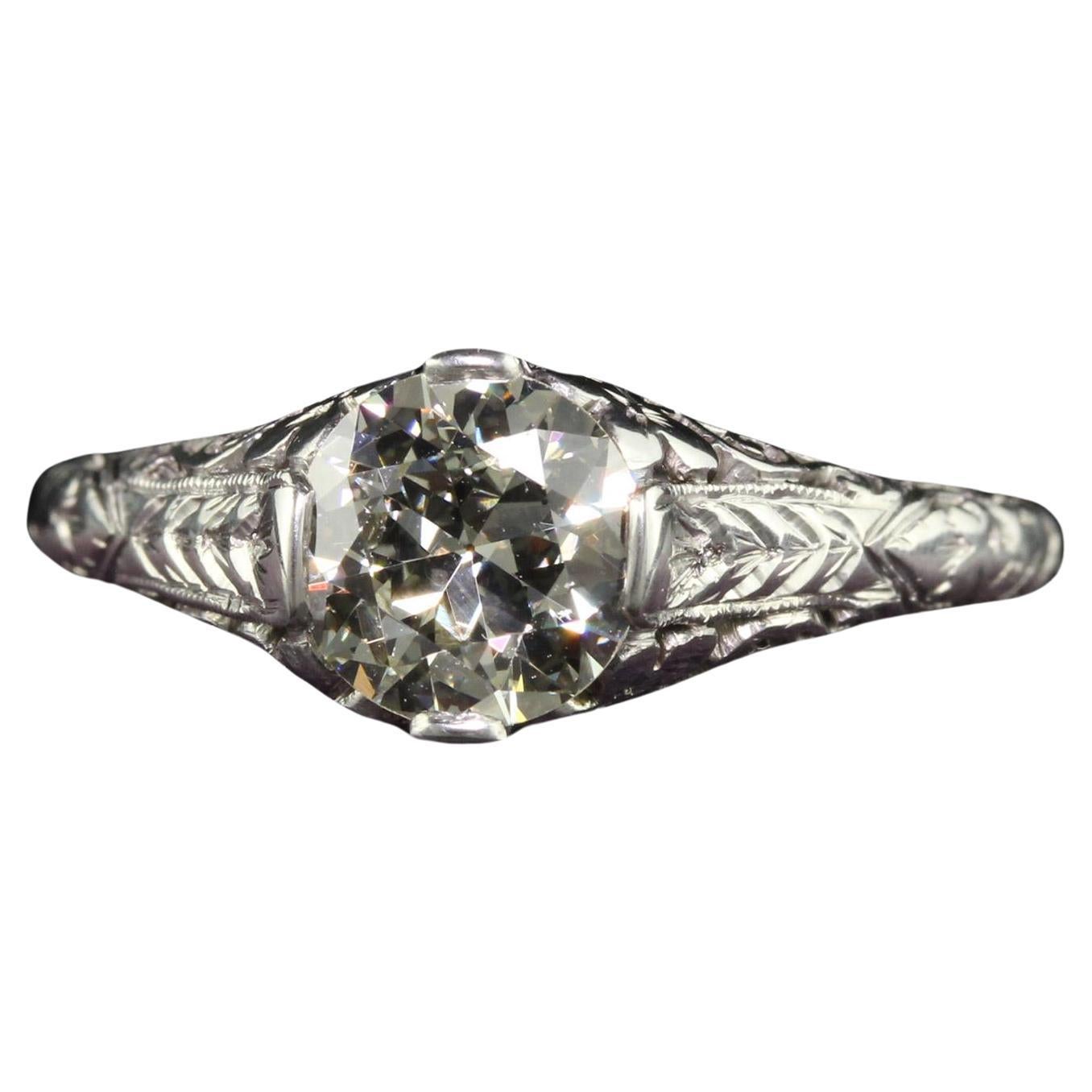 Antique Art Deco Platinum Old European Cut Diamond Engagement Ring - GIA