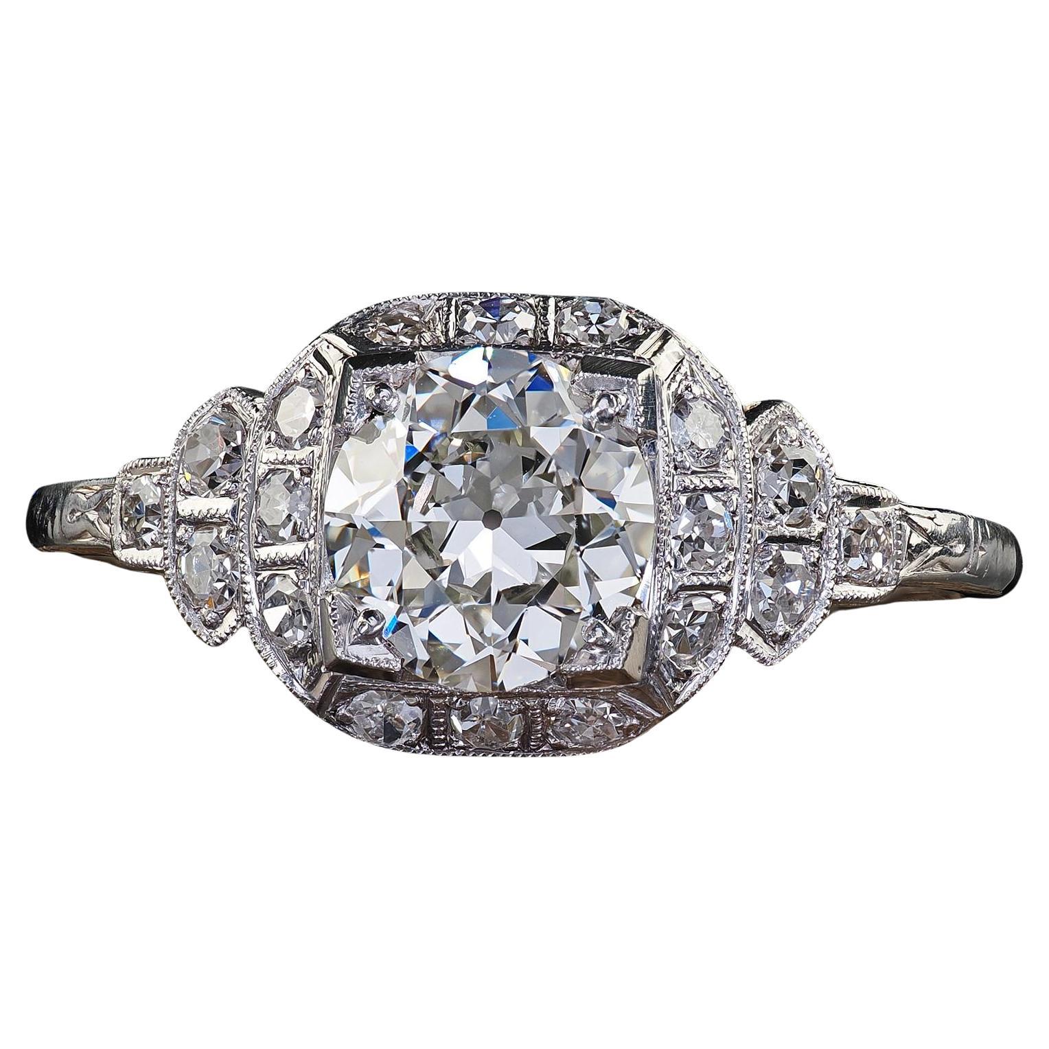 Antique Art Deco Platinum Old European Cut Diamond Engagement Ring - GIA
