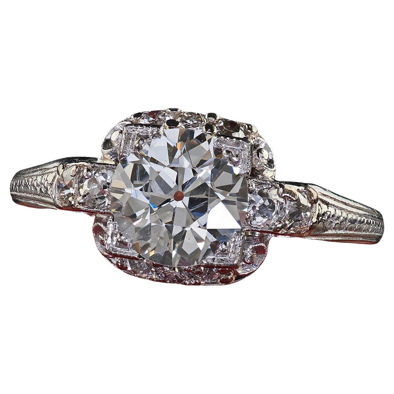 Antique Art Deco Platinum Old European Cut Diamond Engagement Ring - GIA