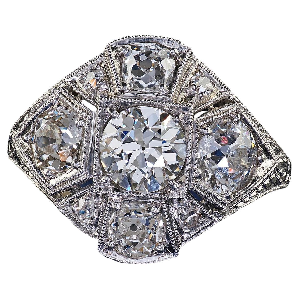 Anello da cocktail antico Art Deco in platino con diamante taglio europeo inciso