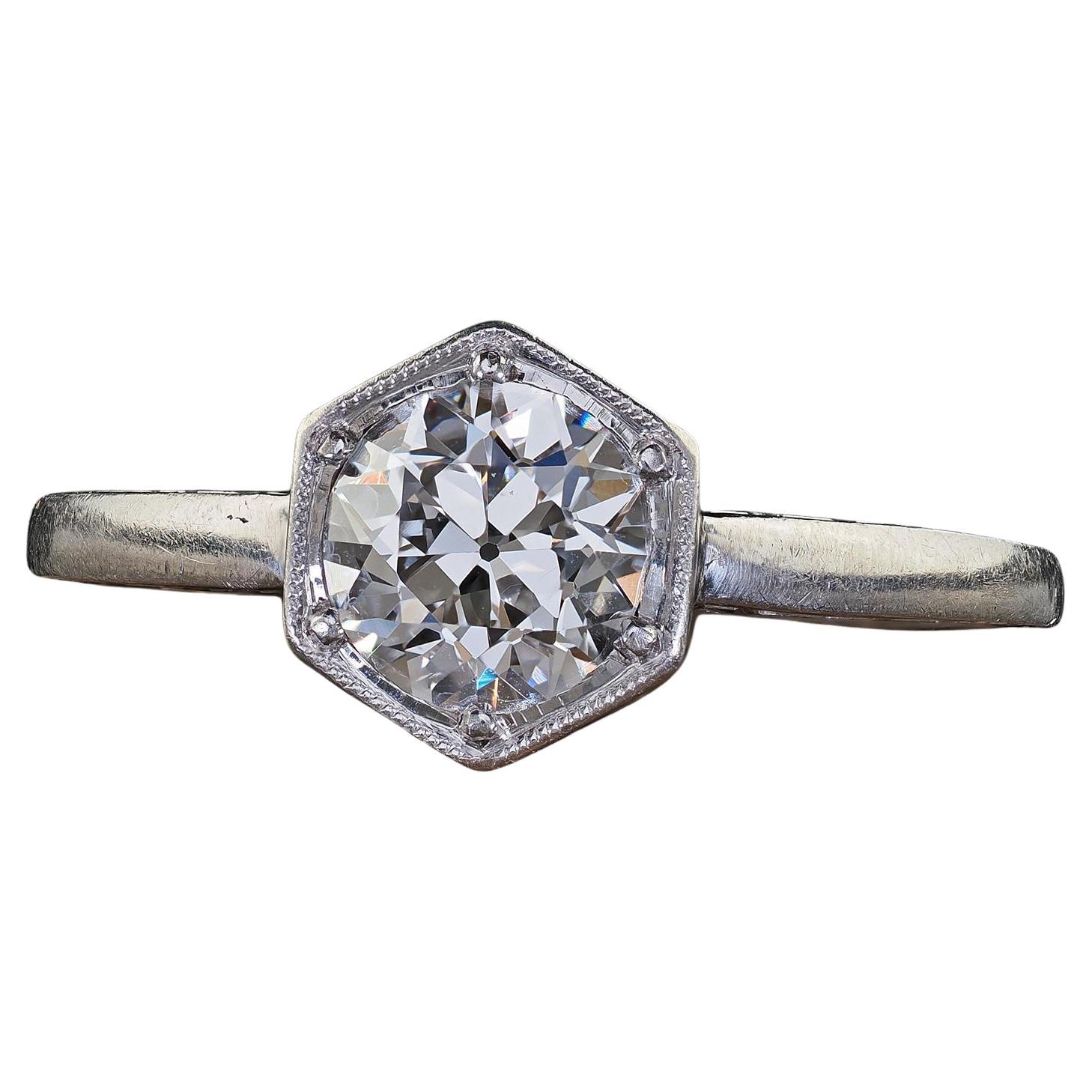 Antique Art Deco Platinum Old European Cut Diamond Engraved Engagement Ring