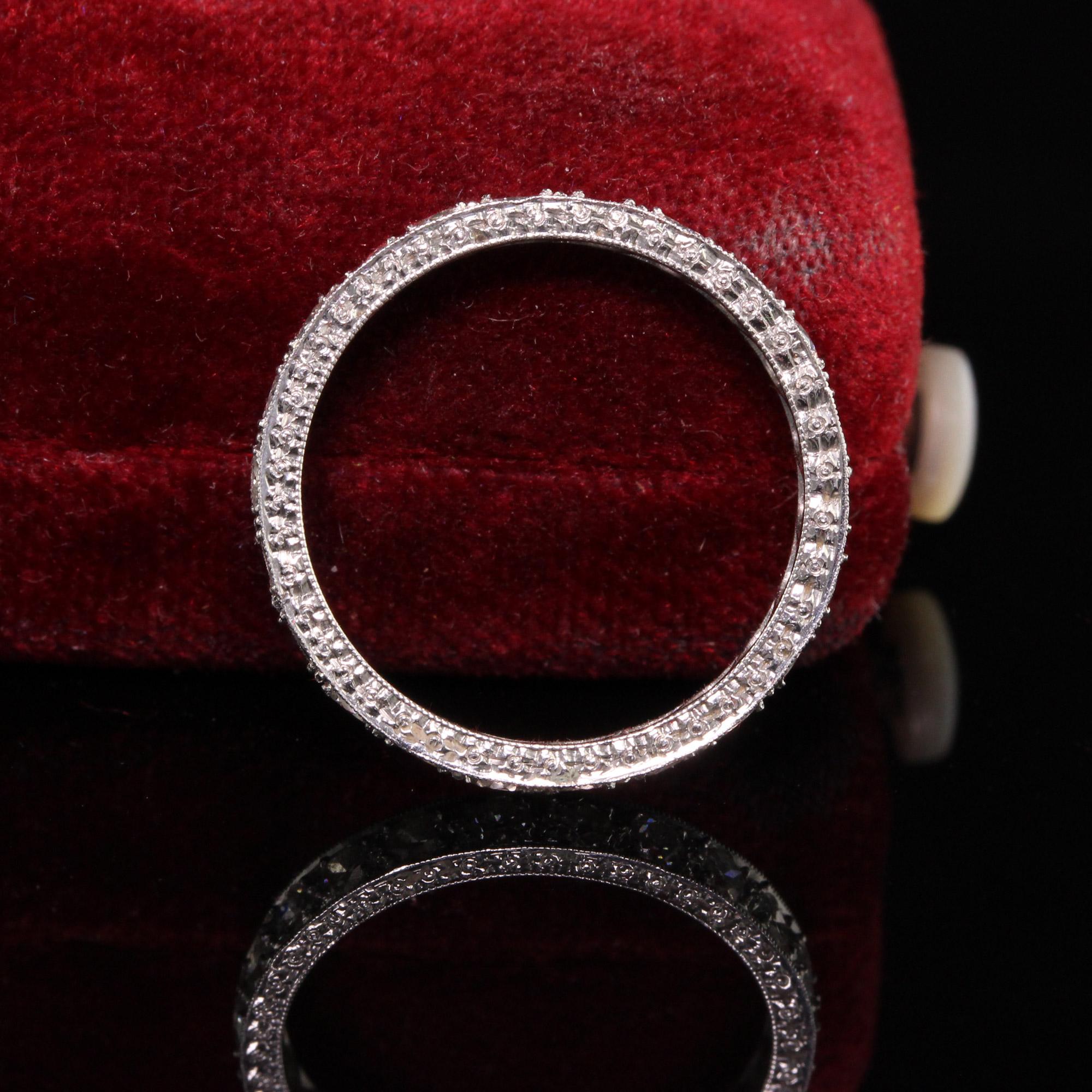 Antique Art Deco Platinum Old European Cut Diamond Engraved Eternity Band In Excellent Condition In Great Neck, NY
