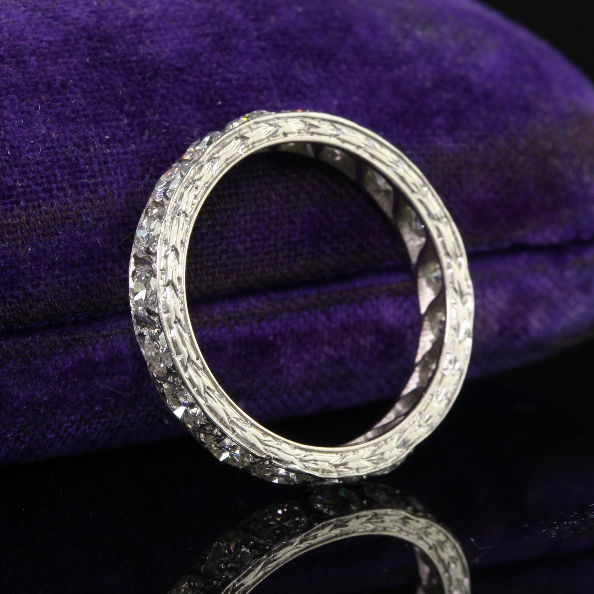 Antique Art Deco Platinum Old European Cut Diamond Engraved Eternity Band In Good Condition For Sale In Great Neck, NY