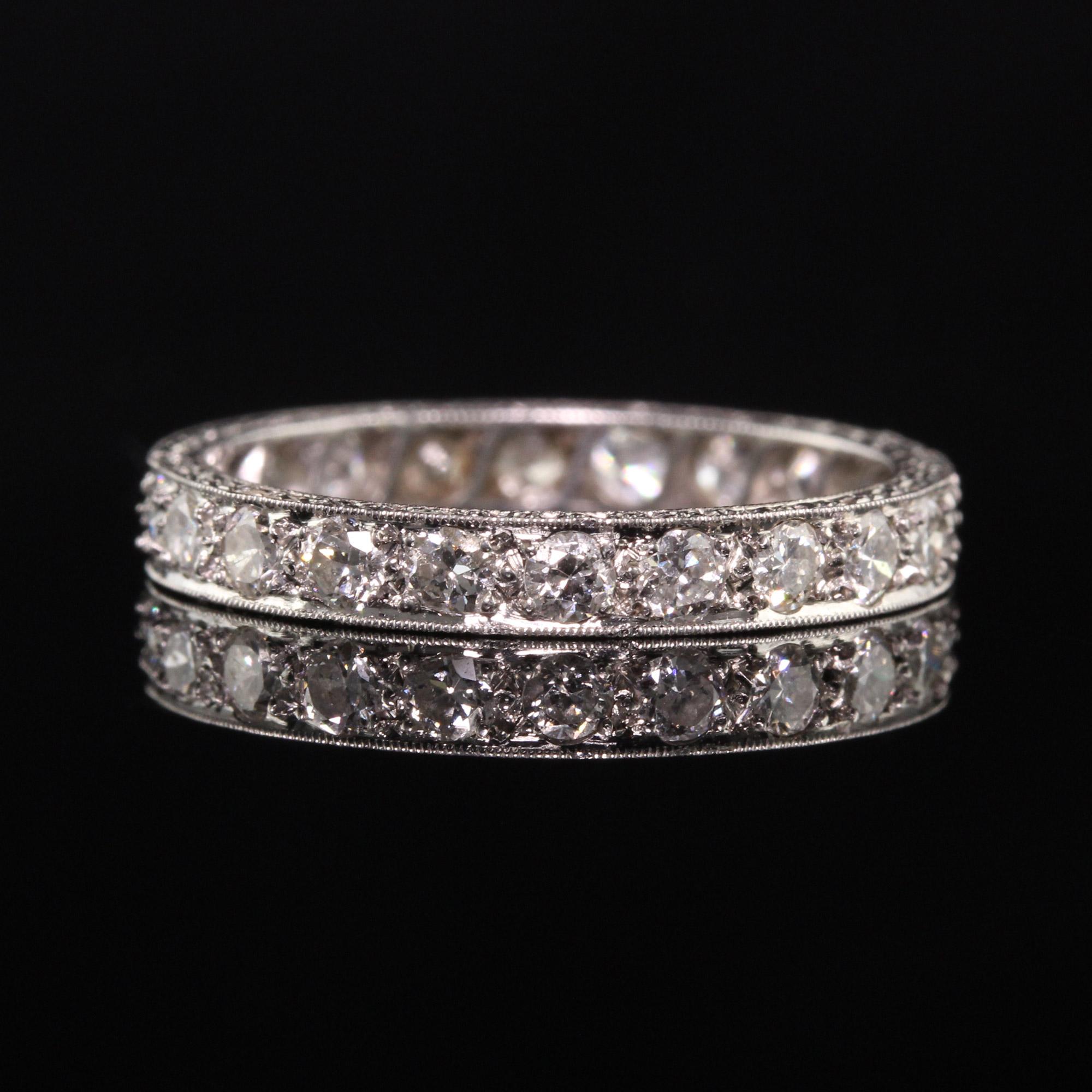 Women's Antique Art Deco Platinum Old European Cut Diamond Engraved Eternity Band