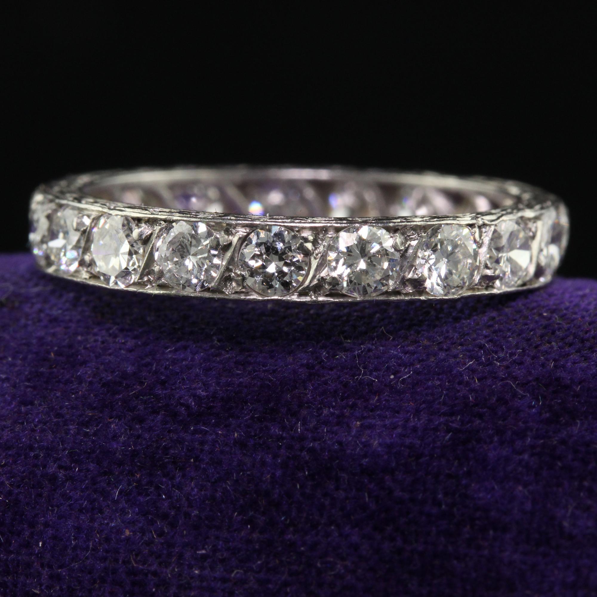 Women's Antique Art Deco Platinum Old European Cut Diamond Engraved Eternity Band For Sale