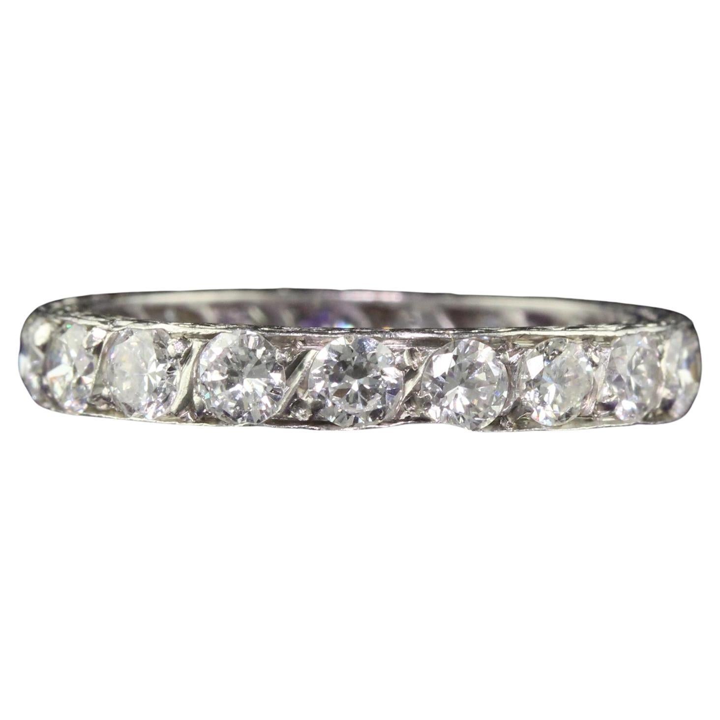 Antique Art Deco Platinum Old European Cut Diamond Engraved Eternity Band For Sale