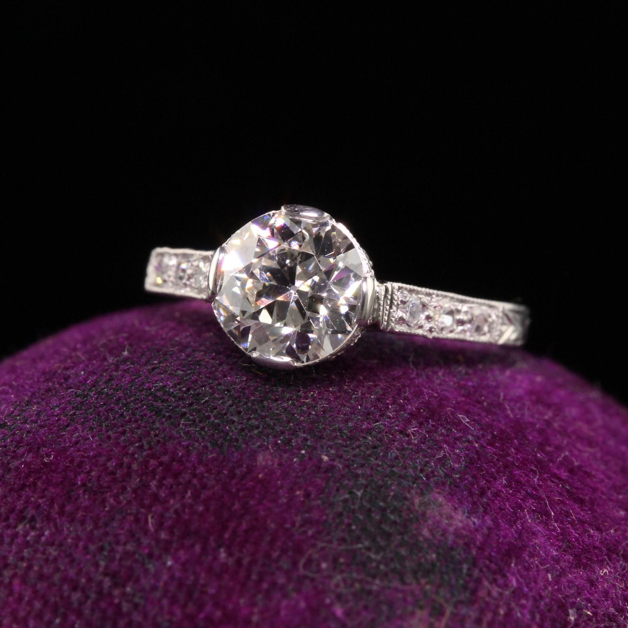 Beautiful Antique Art Deco Old European Cut Diamond Filigree Engagement Ring. This gorgeous engagement ring is crafted in platinum. The center holds a beautiful old european cut diamond and is set in a gorgeous Art Deco mounting that is in great