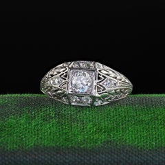Antique Art Deco Platinum Old European Cut Diamond Filigree Engagement Ring