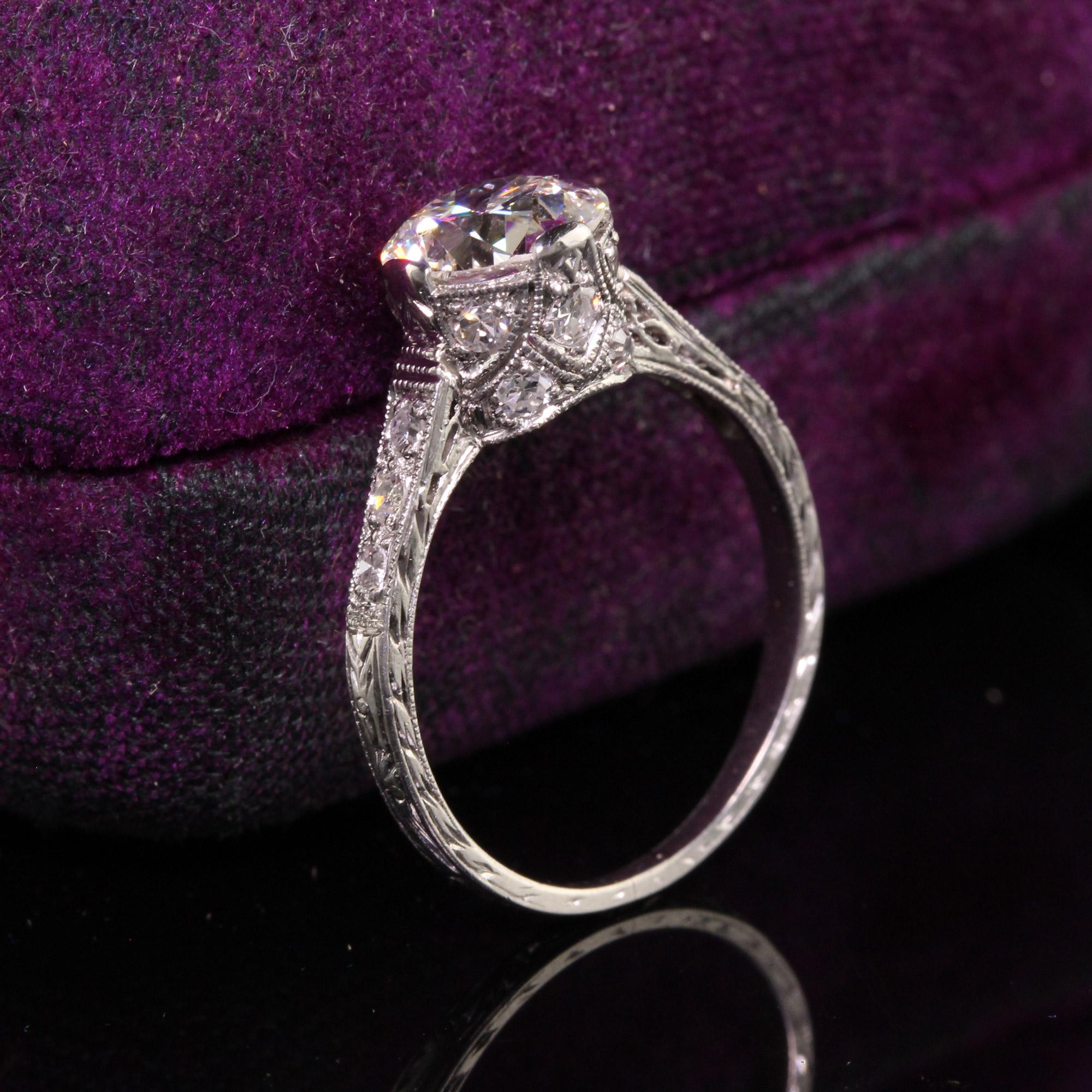 Antique Art Deco Platinum Old European Cut Diamond Filigree Engagement Ring In Good Condition For Sale In Great Neck, NY