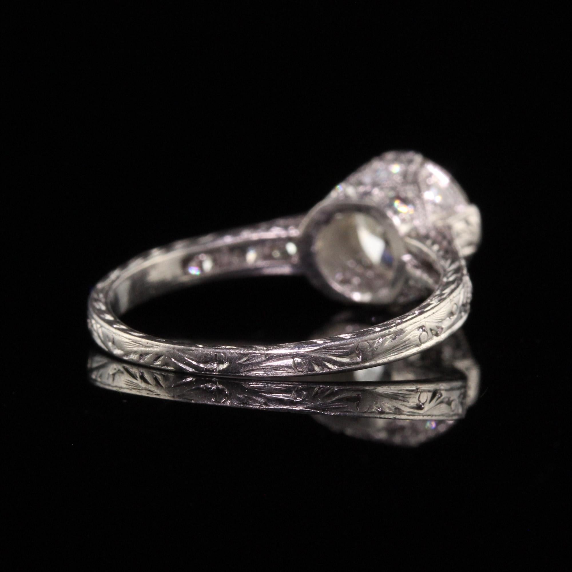 Antique Art Deco Platinum Old European Cut Diamond Filigree Engagement Ring For Sale 1