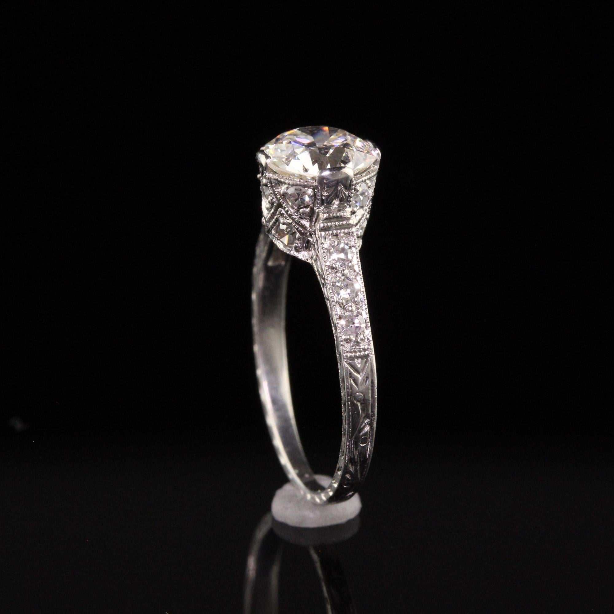 Antique Art Deco Platinum Old European Cut Diamond Filigree Engagement Ring For Sale 2