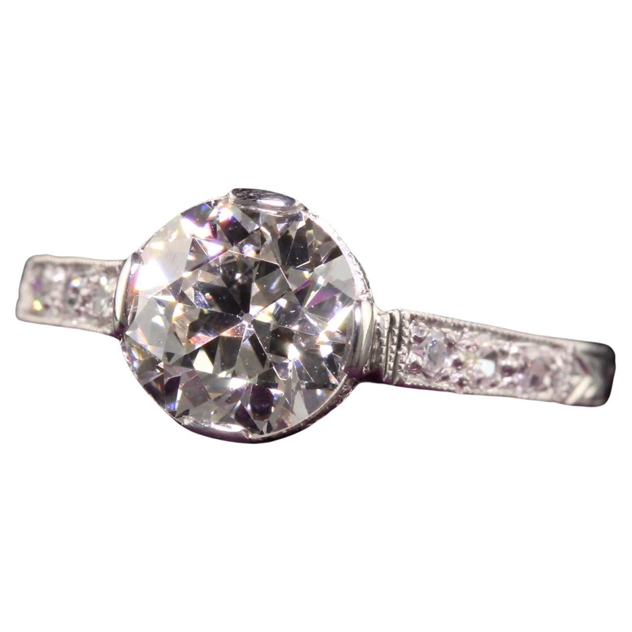 Antique Art Deco Platinum Old European Cut Diamond Filigree Engagement Ring For Sale