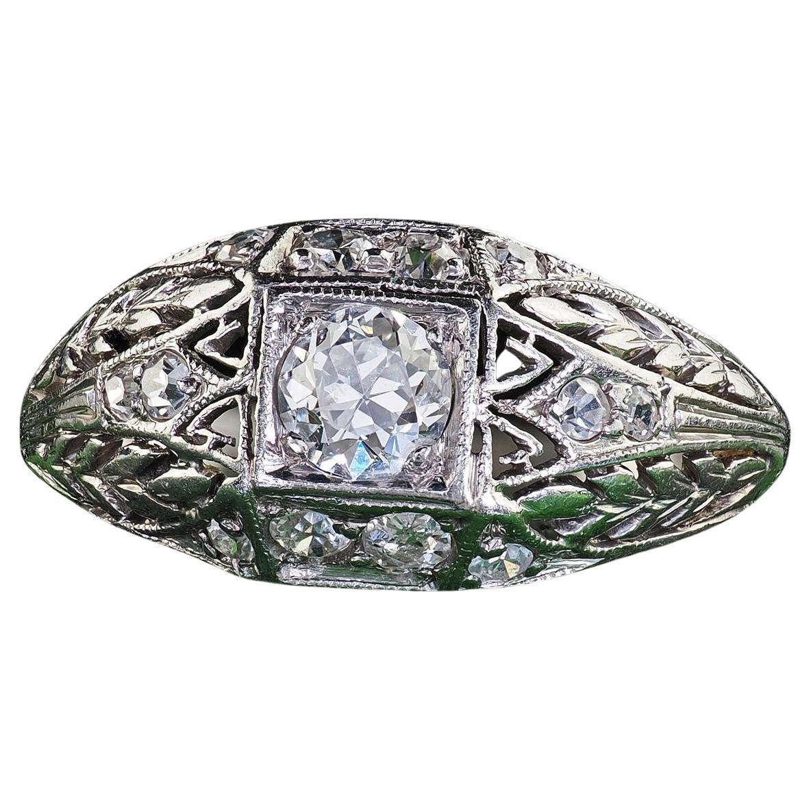Antique Art Deco Platinum Old European Cut Diamond Filigree Engagement Ring For Sale