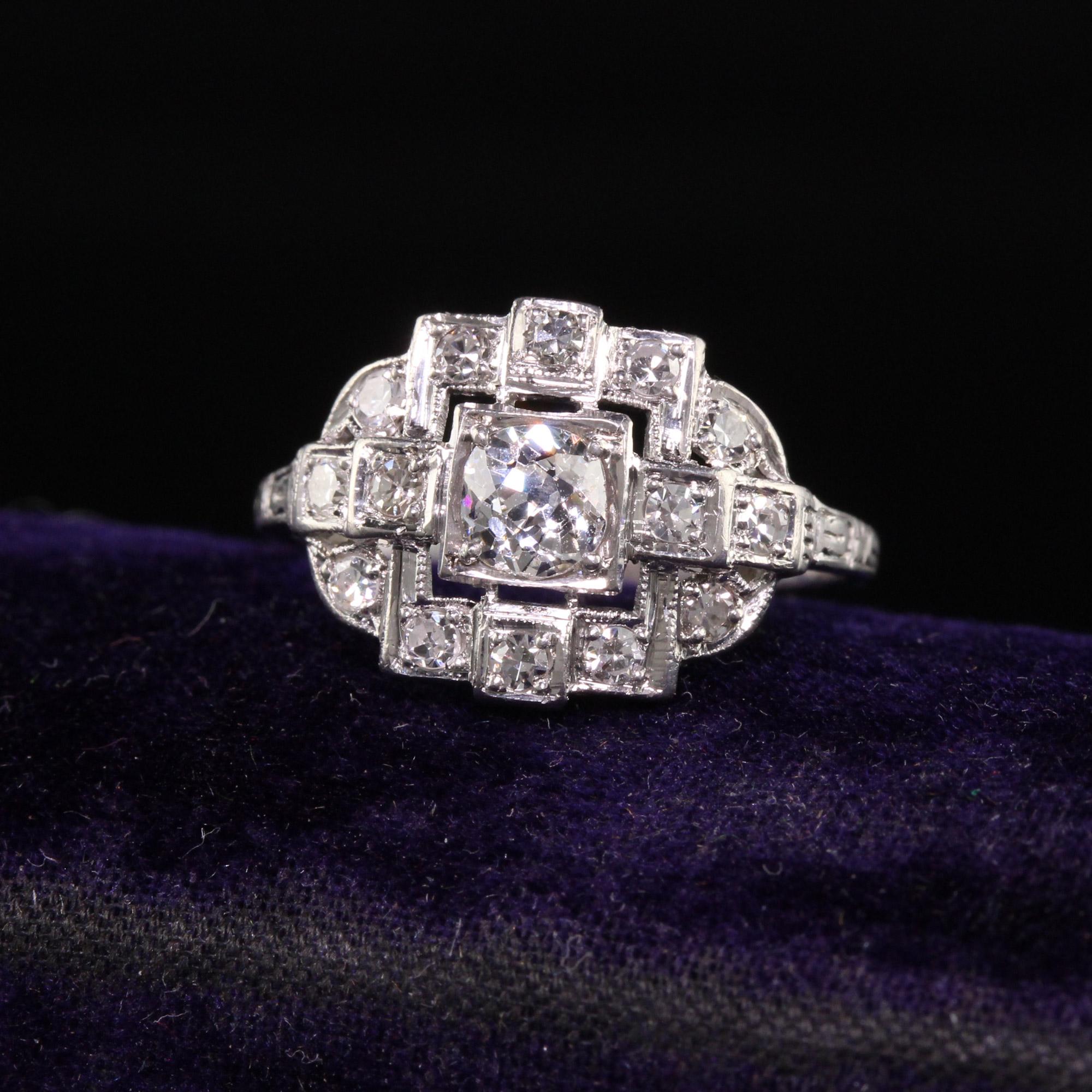 Beautiful Antique Art Deco Platinum Old European Cut Diamond Filigree Ring. This beautiful ring is crafted in platinum. The ring has old european cut diamonds set in a beautiful art deco mounting and is in great condition.

Item #R1420

Metal: