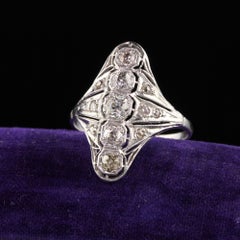 Antique Art Deco Platinum Old European Cut Diamond Filigree Shield Ring