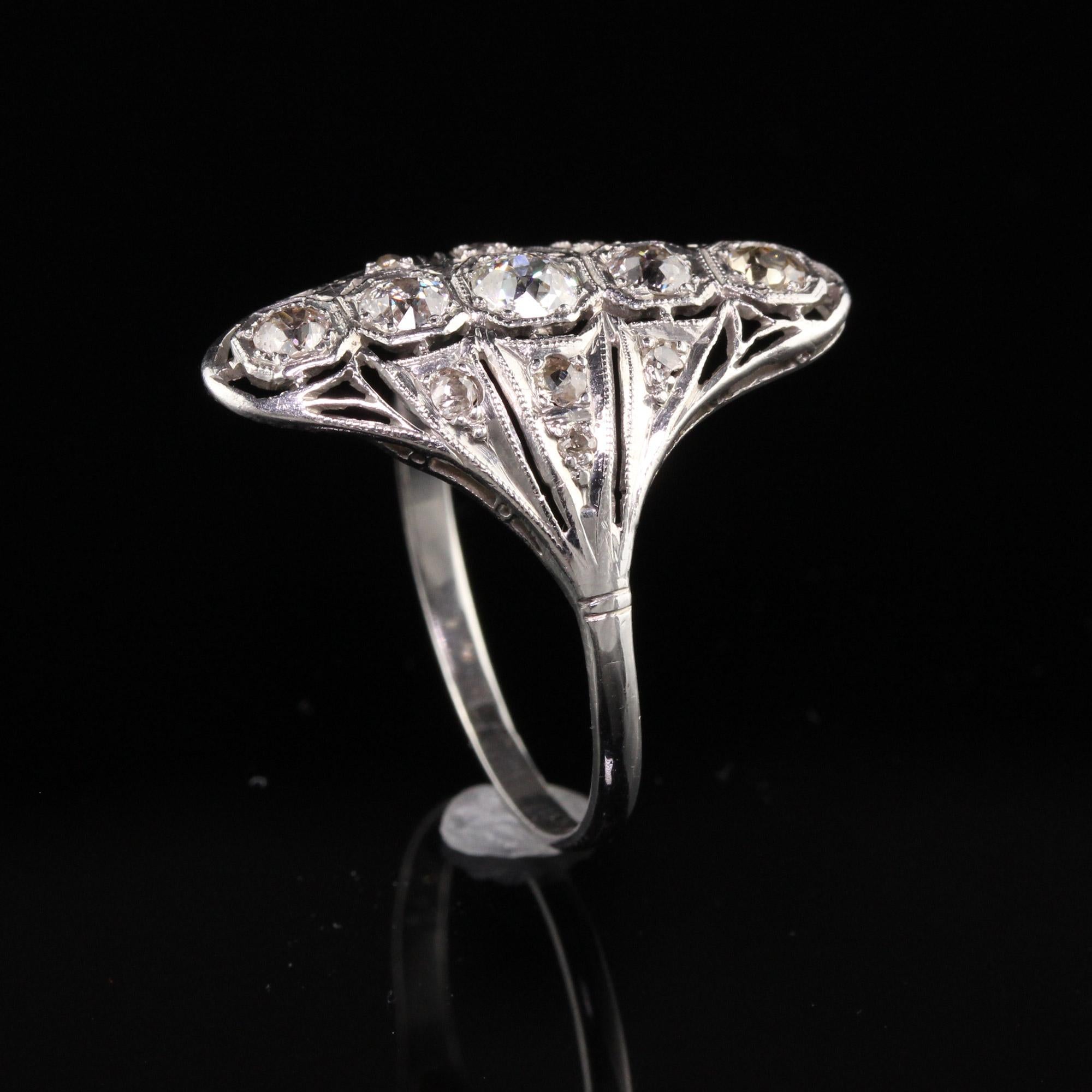 Antique Art Deco Platinum Old European Cut Diamond Filigree Shield Ring In Good Condition For Sale In Great Neck, NY