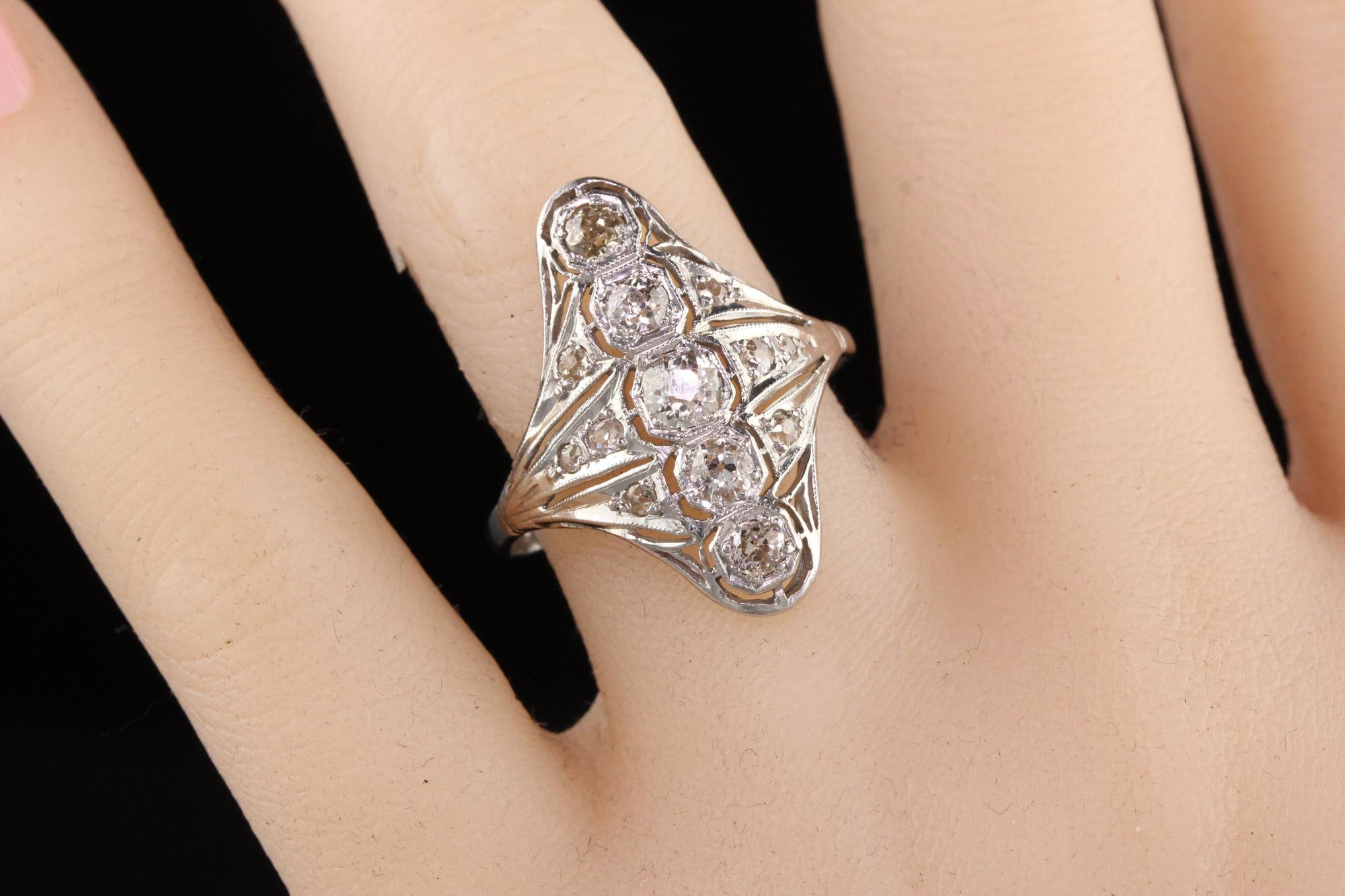 Women's Antique Art Deco Platinum Old European Cut Diamond Filigree Shield Ring For Sale