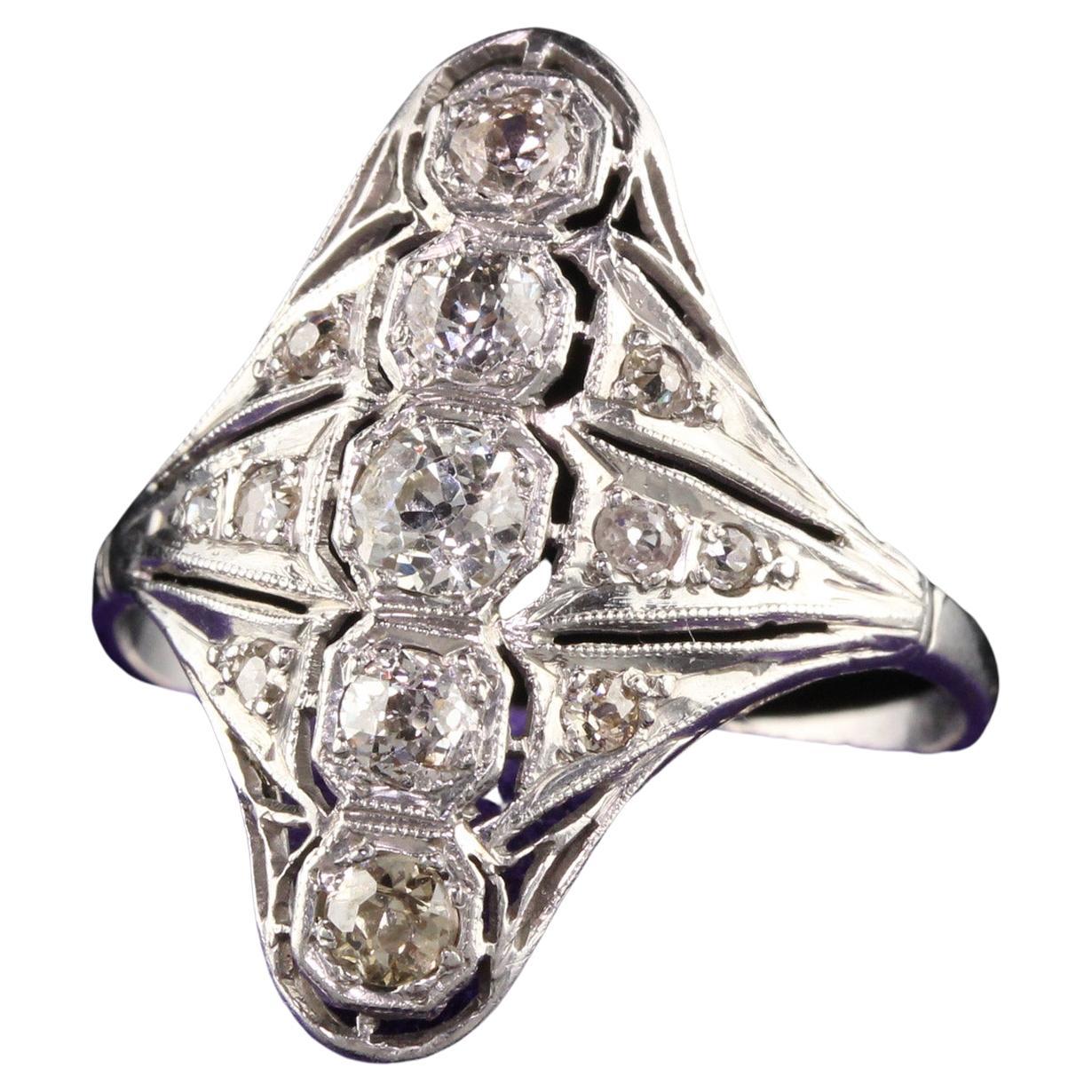 Antique Art Deco Platinum Old European Cut Diamond Filigree Shield Ring For Sale