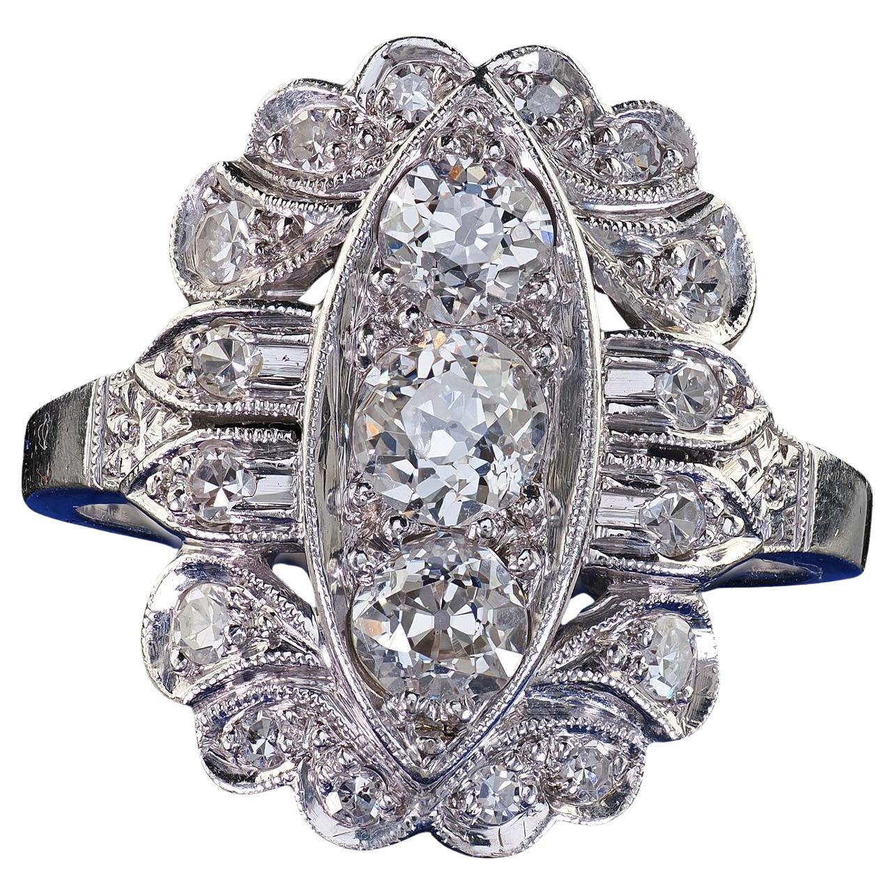 Antique Art Deco Platinum Old European Cut Diamond Filigree Shield Ring