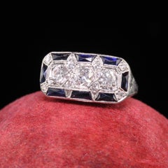 Antique Art Deco Platinum Old European Cut Diamond Filigree Three Stone Ring