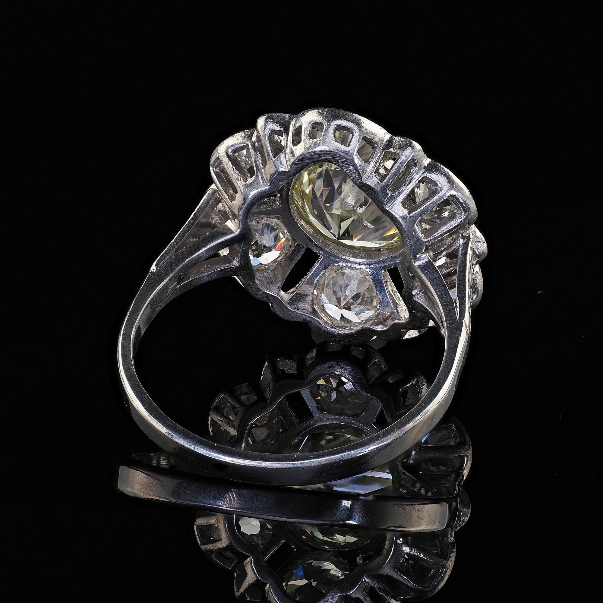 Antique Art Deco Platinum Old European Cut Diamond Floral Engagement Ring - GIA For Sale 6