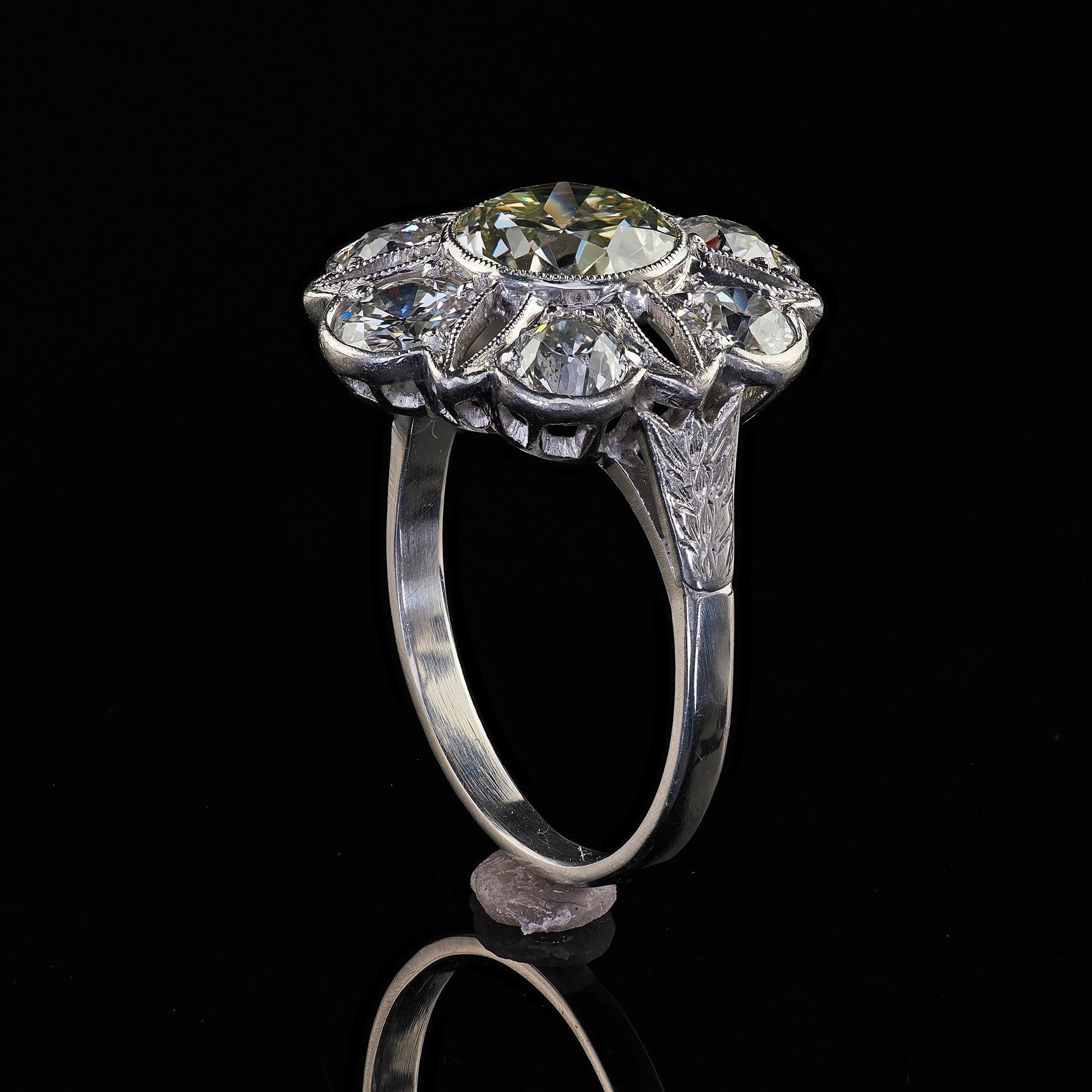 Antique Art Deco Platinum Old European Cut Diamond Floral Engagement Ring - GIA For Sale 7
