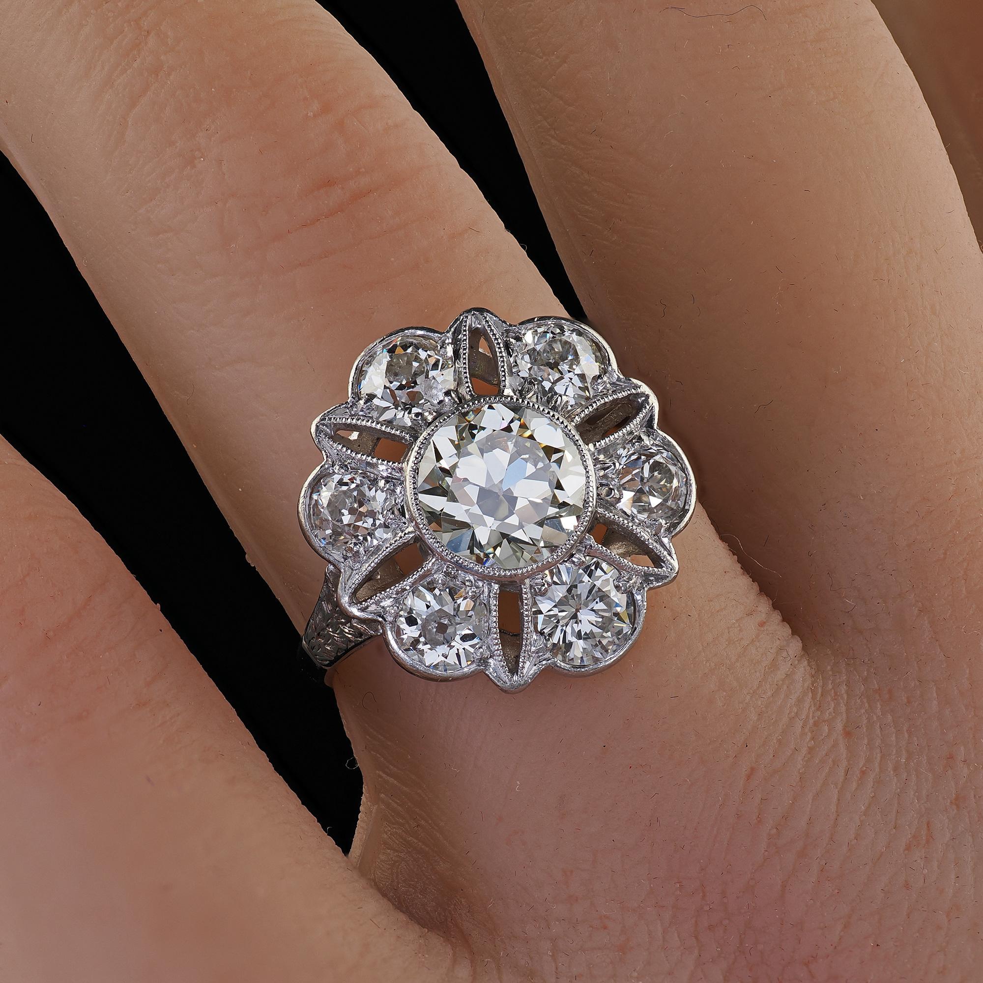 Antique Art Deco Platinum Old European Cut Diamond Floral Engagement Ring - GIA For Sale 8