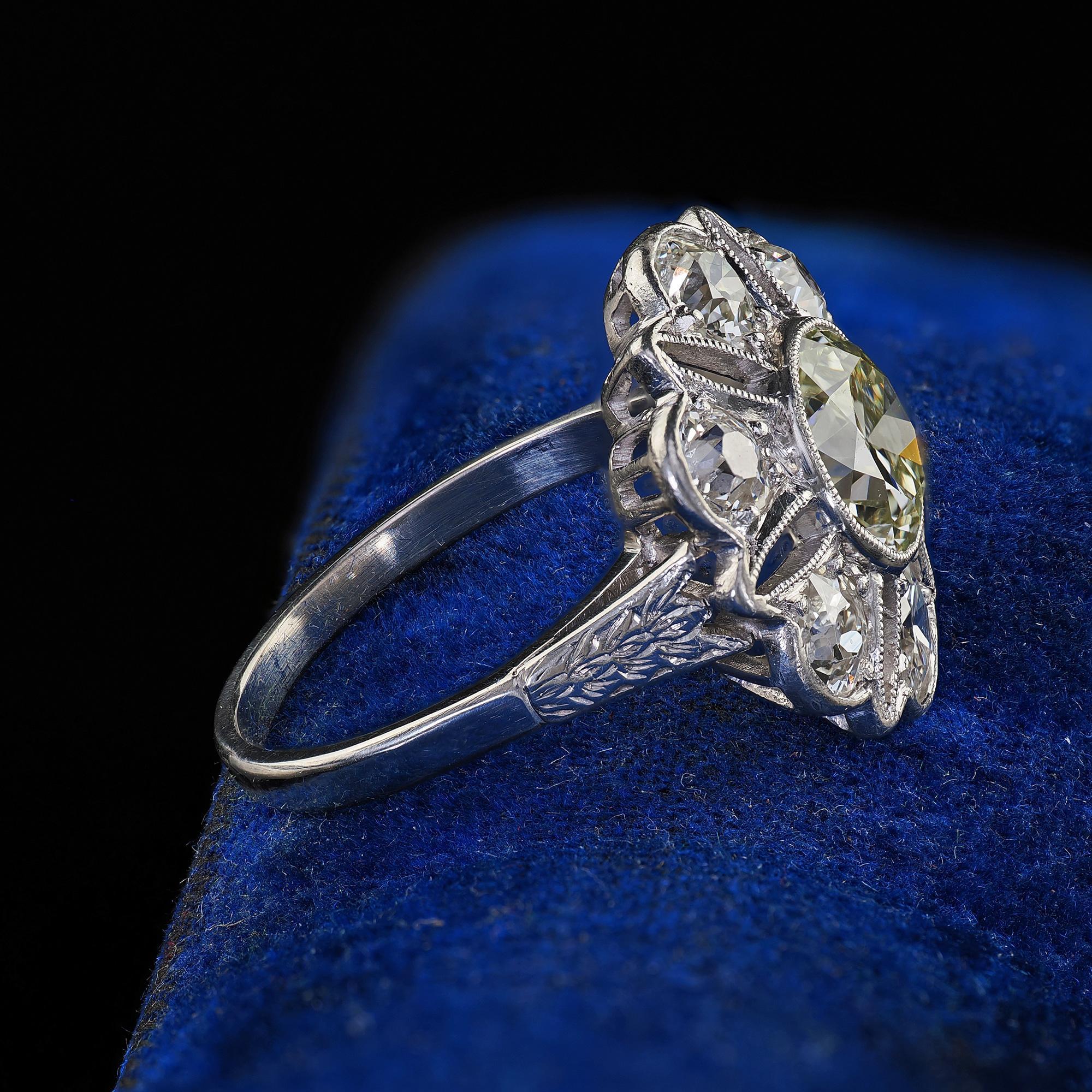 Women's Antique Art Deco Platinum Old European Cut Diamond Floral Engagement Ring - GIA For Sale