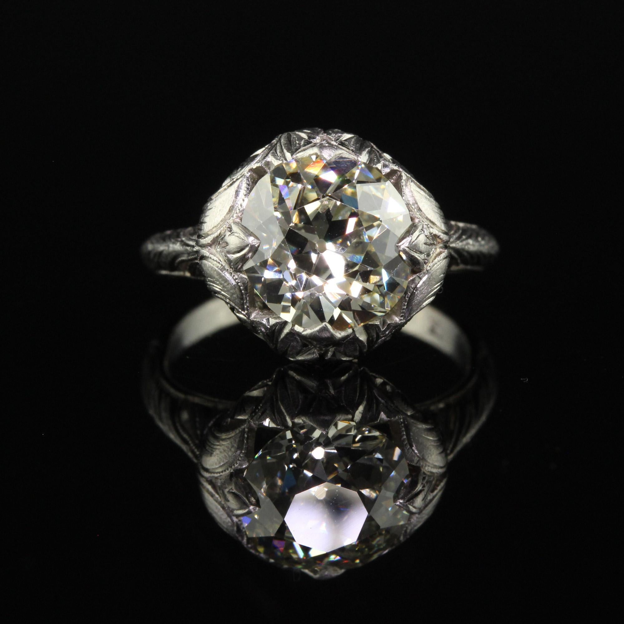 Antique Art Deco Platinum Old European Cut Diamond Floral Engagement Ring - GIA For Sale 1