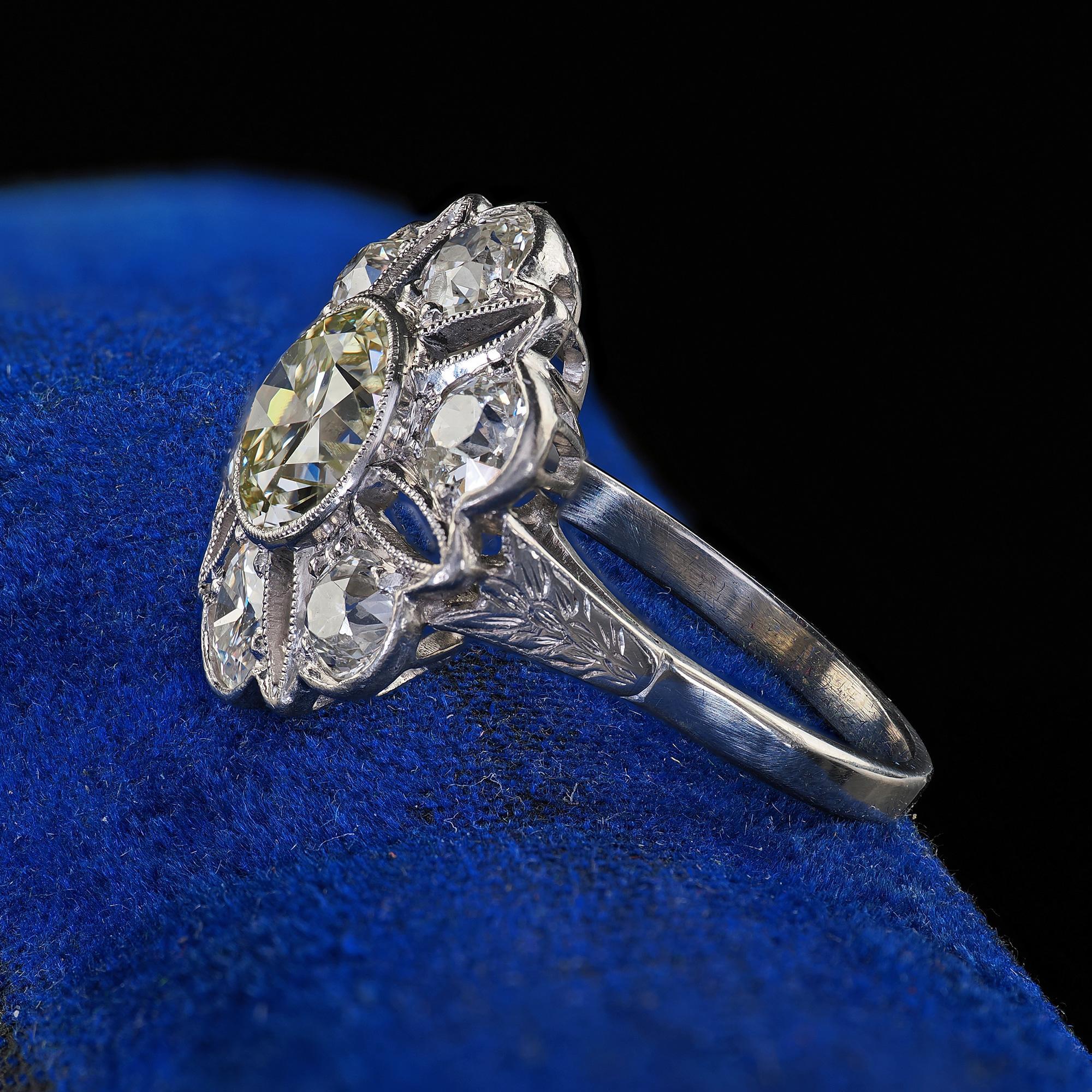 Antique Art Deco Platinum Old European Cut Diamond Floral Engagement Ring - GIA For Sale 1