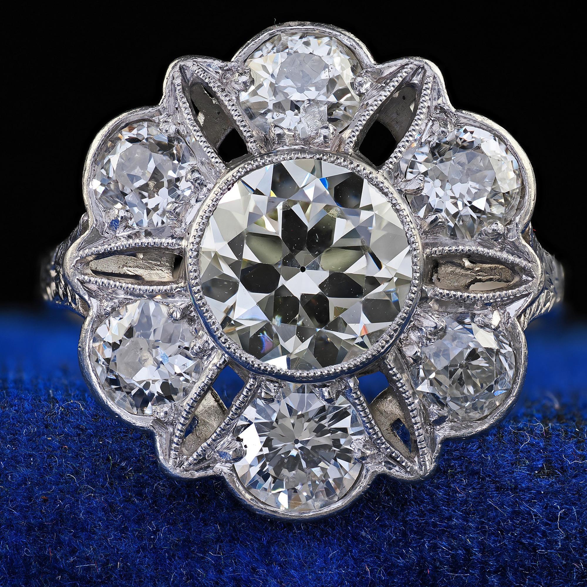 Antique Art Deco Platinum Old European Cut Diamond Floral Engagement Ring - GIA For Sale 2