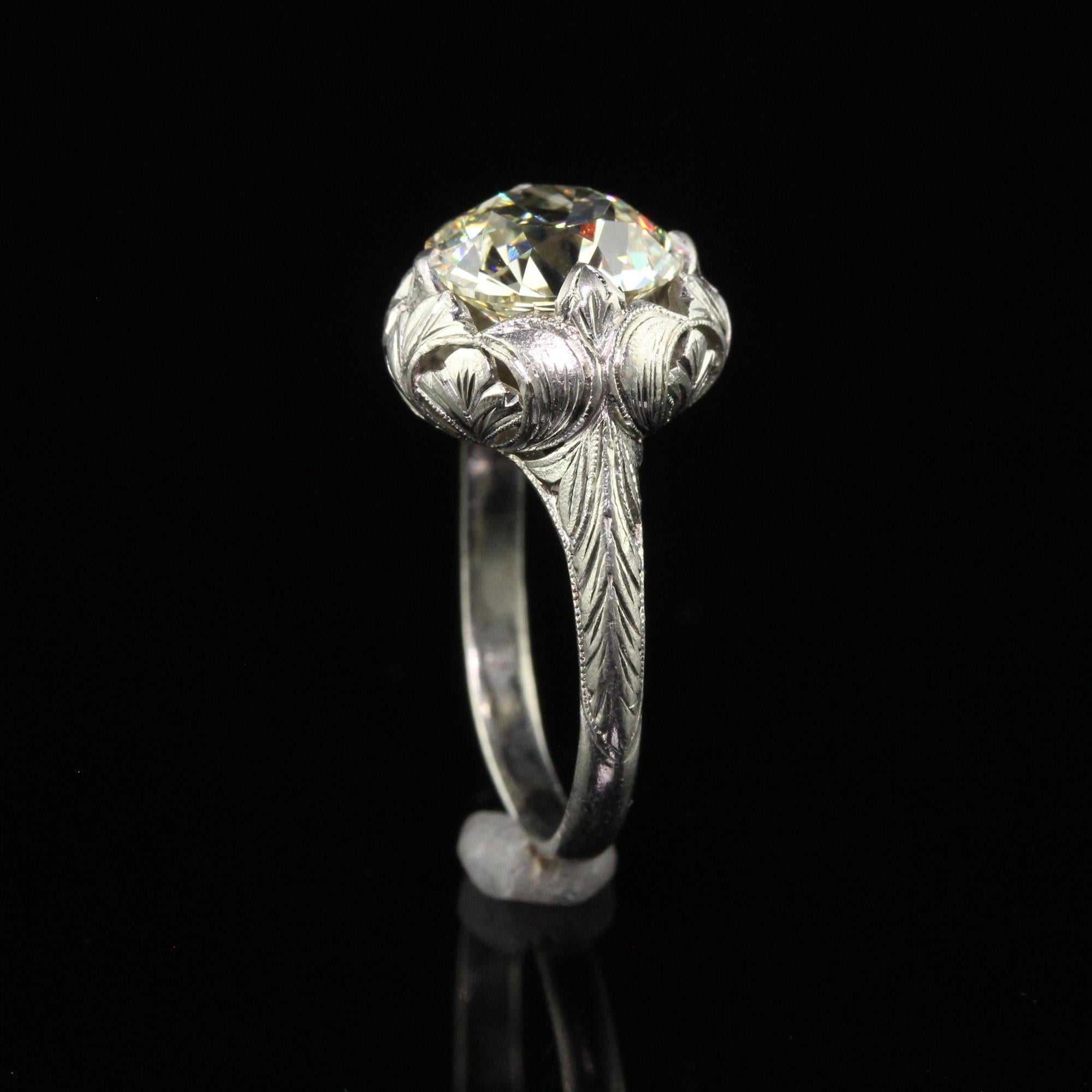 Antique Art Deco Platinum Old European Cut Diamond Floral Engagement Ring - GIA For Sale 3