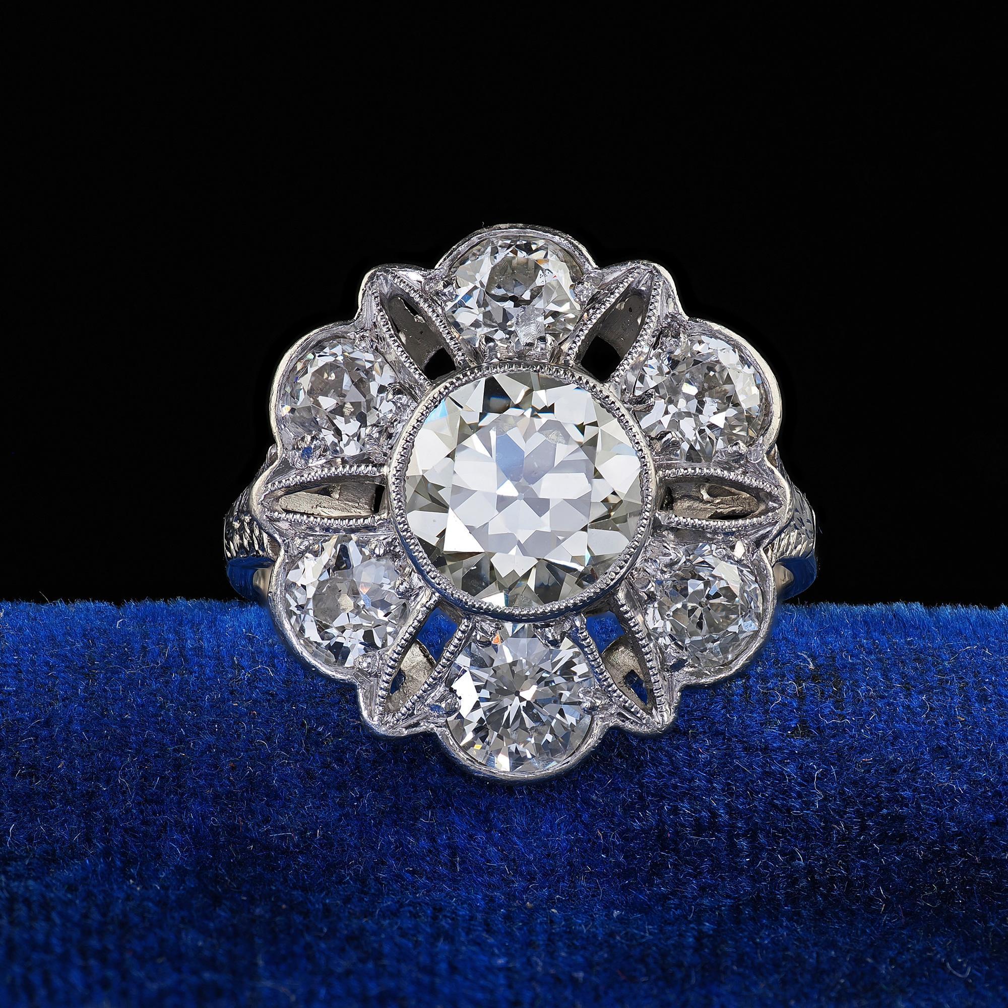 Antique Art Deco Platinum Old European Cut Diamond Floral Engagement Ring - GIA For Sale 3