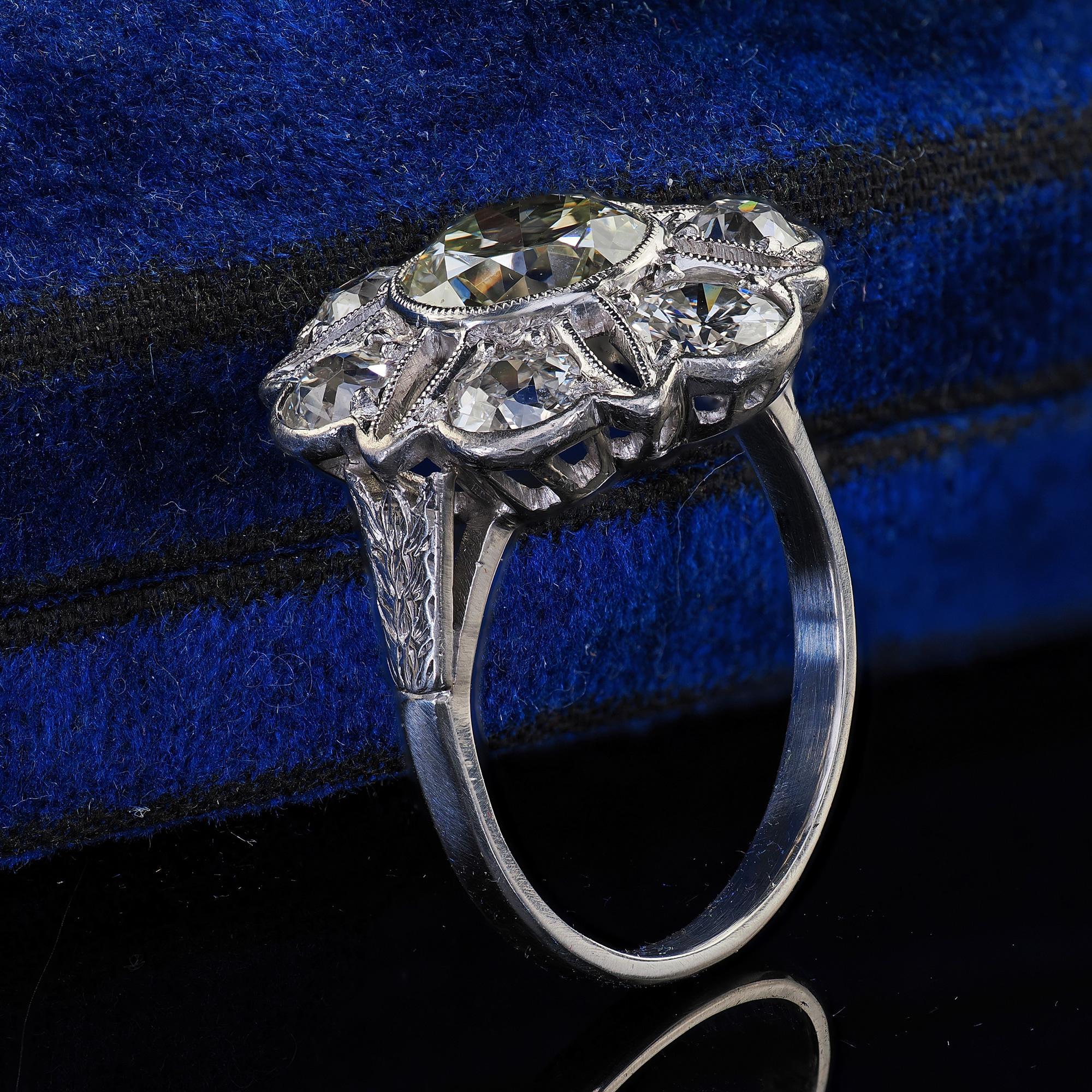 Antique Art Deco Platinum Old European Cut Diamond Floral Engagement Ring - GIA For Sale 4