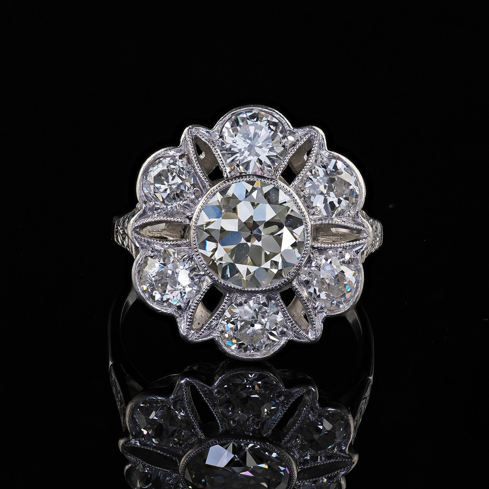 Antique Art Deco Platinum Old European Cut Diamond Floral Engagement Ring - GIA For Sale 5