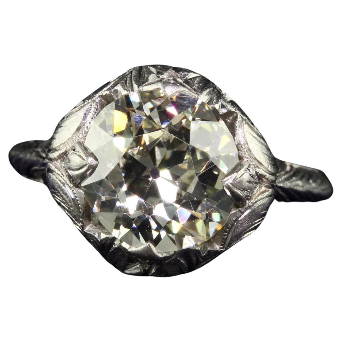 Bague de fiançailles Art déco ancienne en platine avec diamants taille européenne ancienne, certifiés GIA en vente