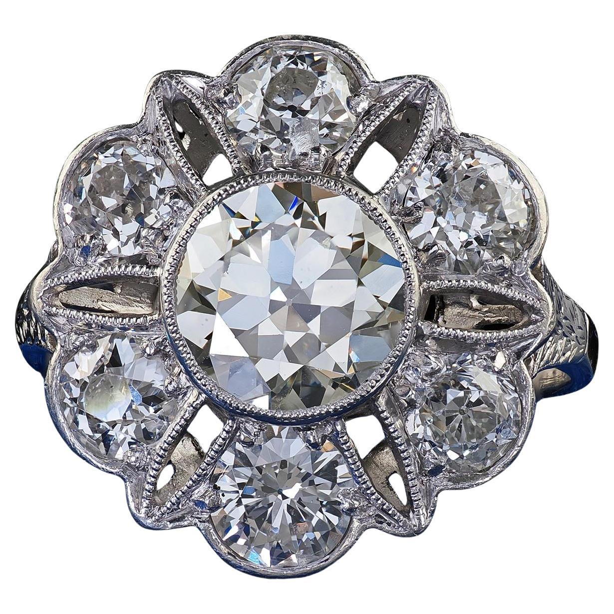 Antiguo Anillo de Compromiso Art Decó de Platino con Diamante Floral de Corte Europeo - GIA